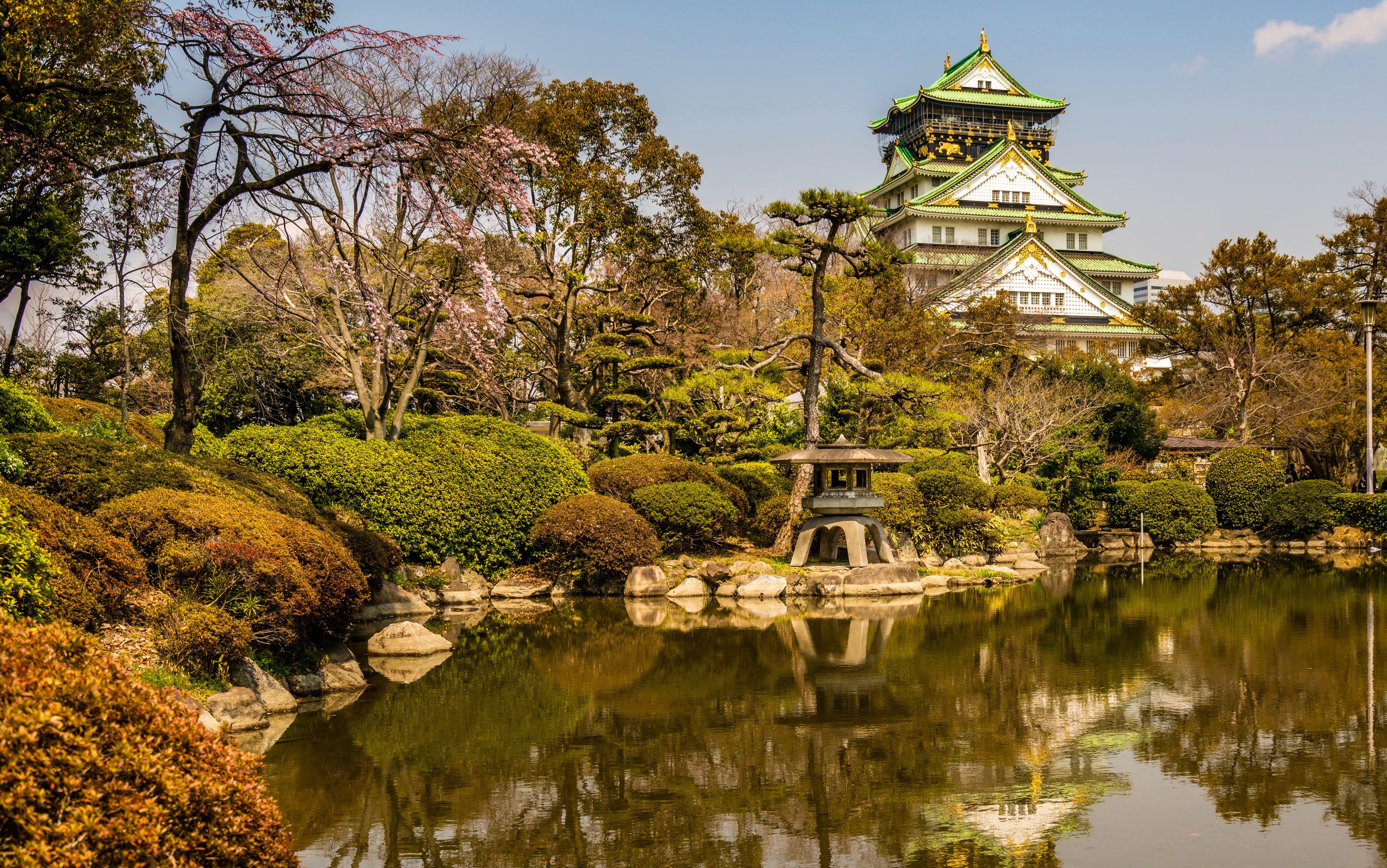 5750x3600 Desktop Wallpaper Japan Osaka Castle Park Nature Pond 5750x3600
