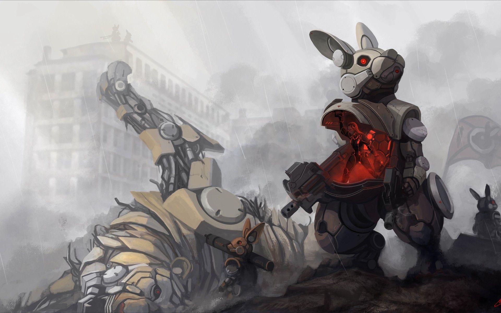 1920x1200 rain, Mecha, grey, urban, rabbits, fantasy art wallpaper