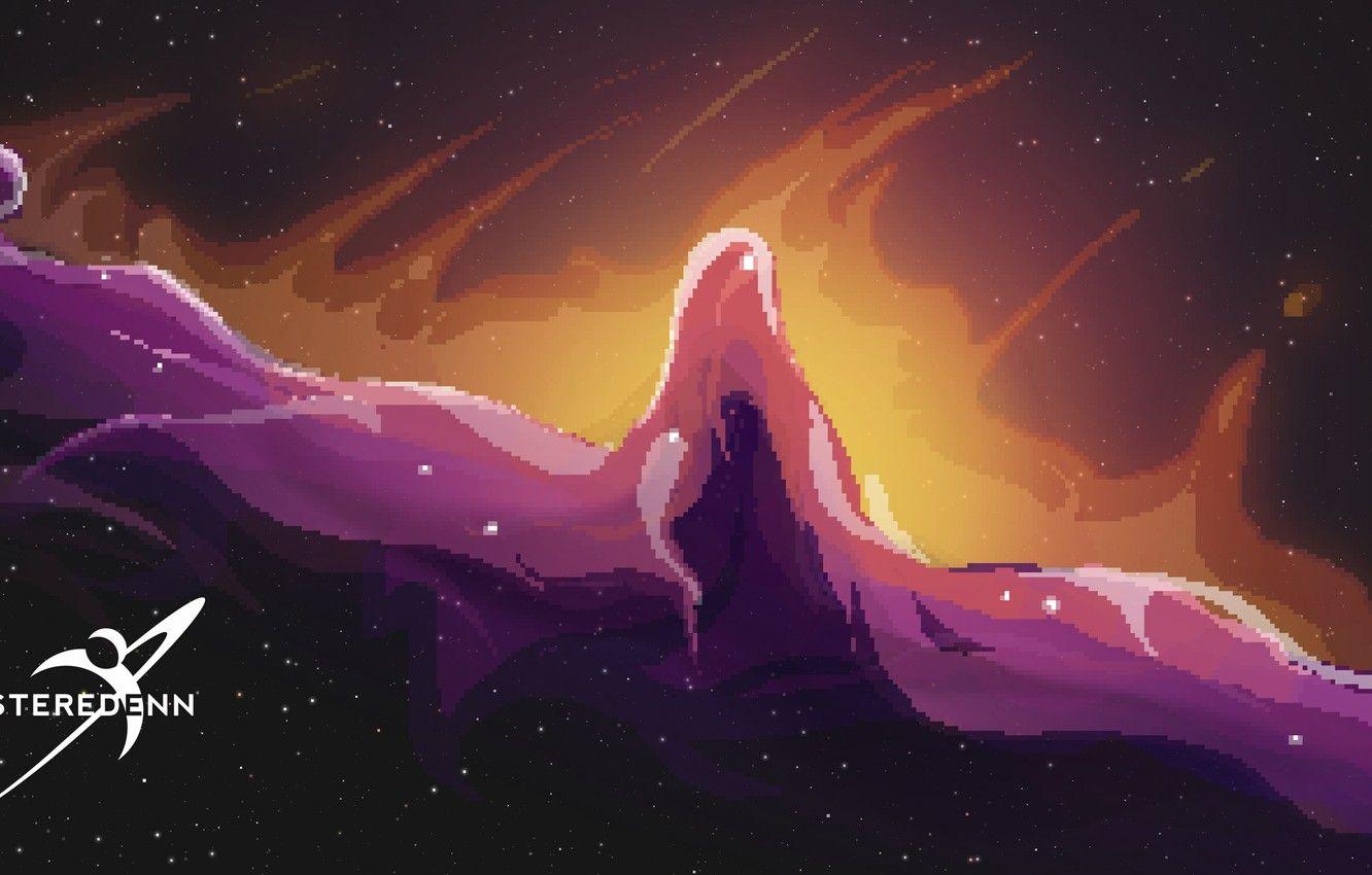1332x850 Wallpaper purple, stars, orange, yellow, nebula, fire, lilac, black, dark, stream, light, rocket, dark, light, pixels, pixels image for desktop, section космос