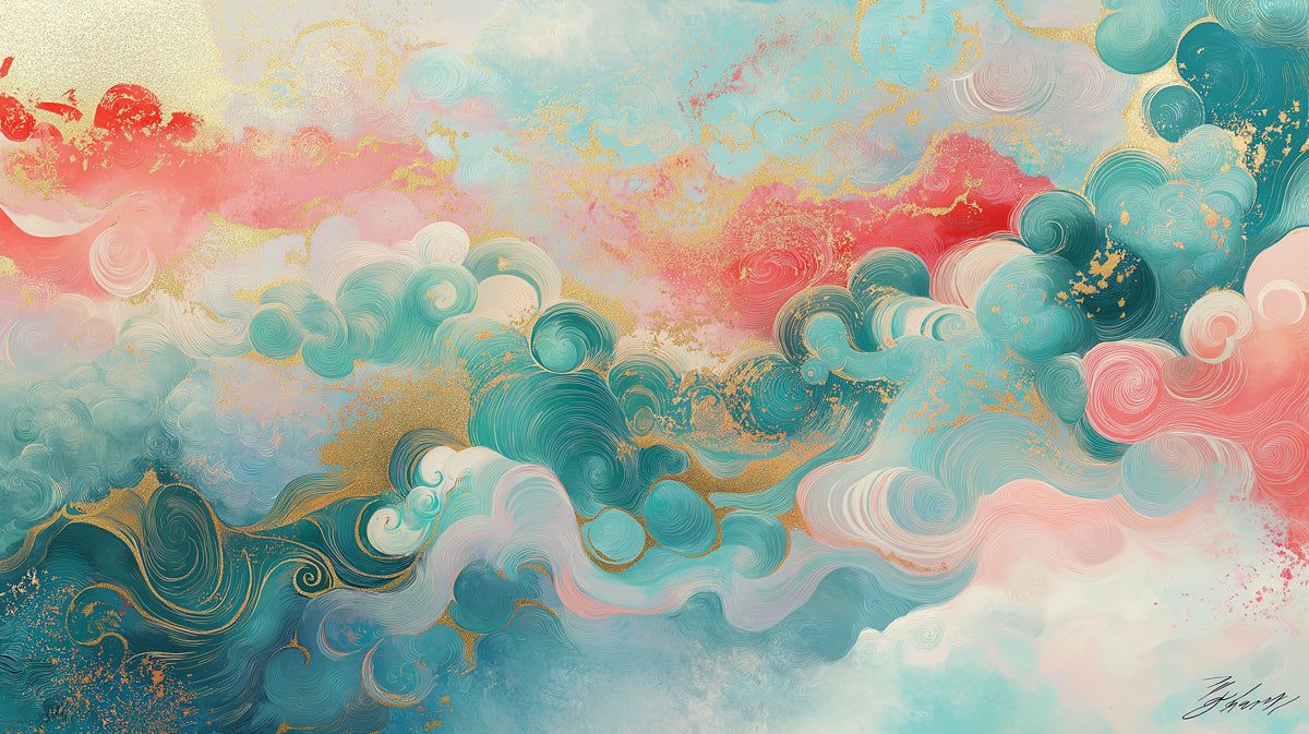 1200x673 Colorful Cloud and Wave Mural Wallpaper in Bedroom. Various Colors (Pink, Blue, Gold, etc.) of Clouds
