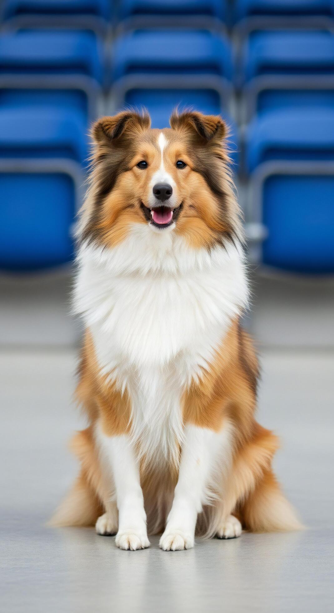 1069x1960 Nature background, Nature wallpaper, A fluffy Shetland Sheepdog dog sits in front of blurred blue stadium seats panting happily