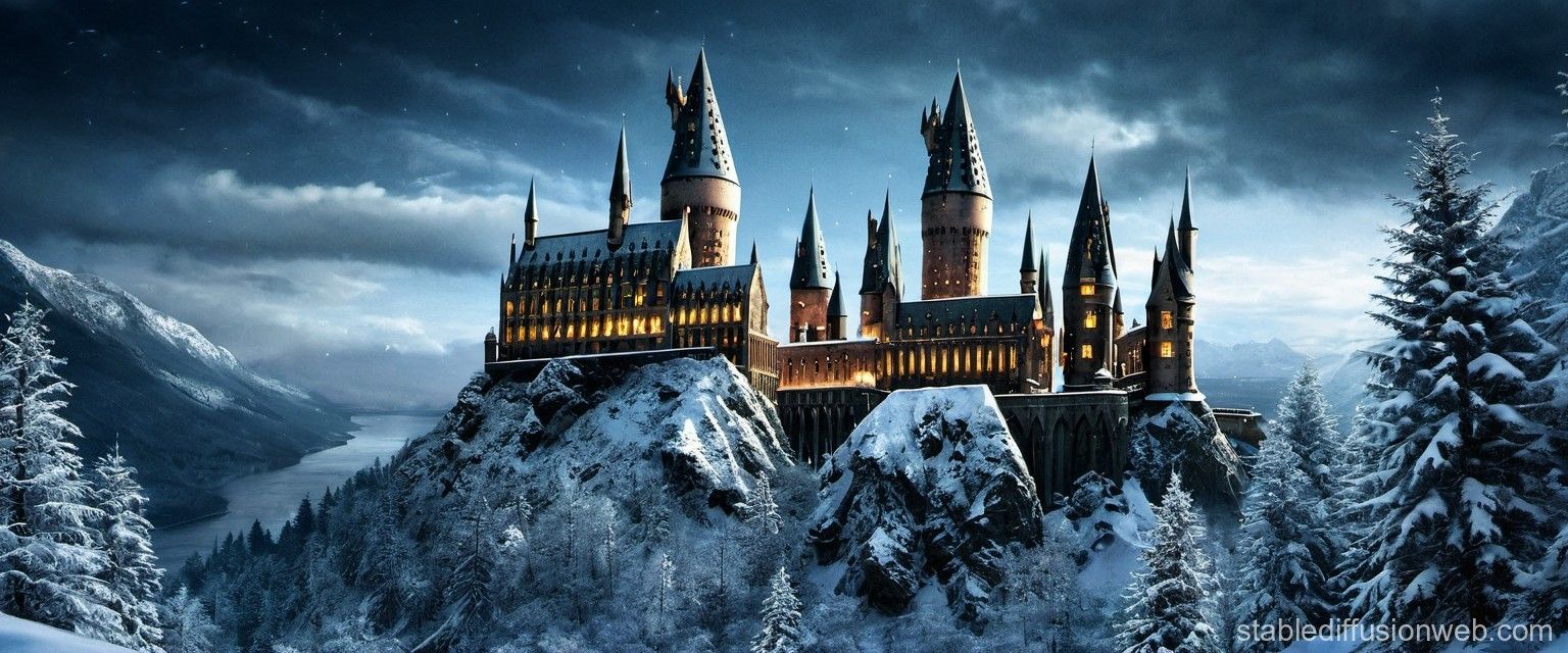 1536x640 Winter Hogwarts Castle in Harry Potter. Stable Diffusion Online