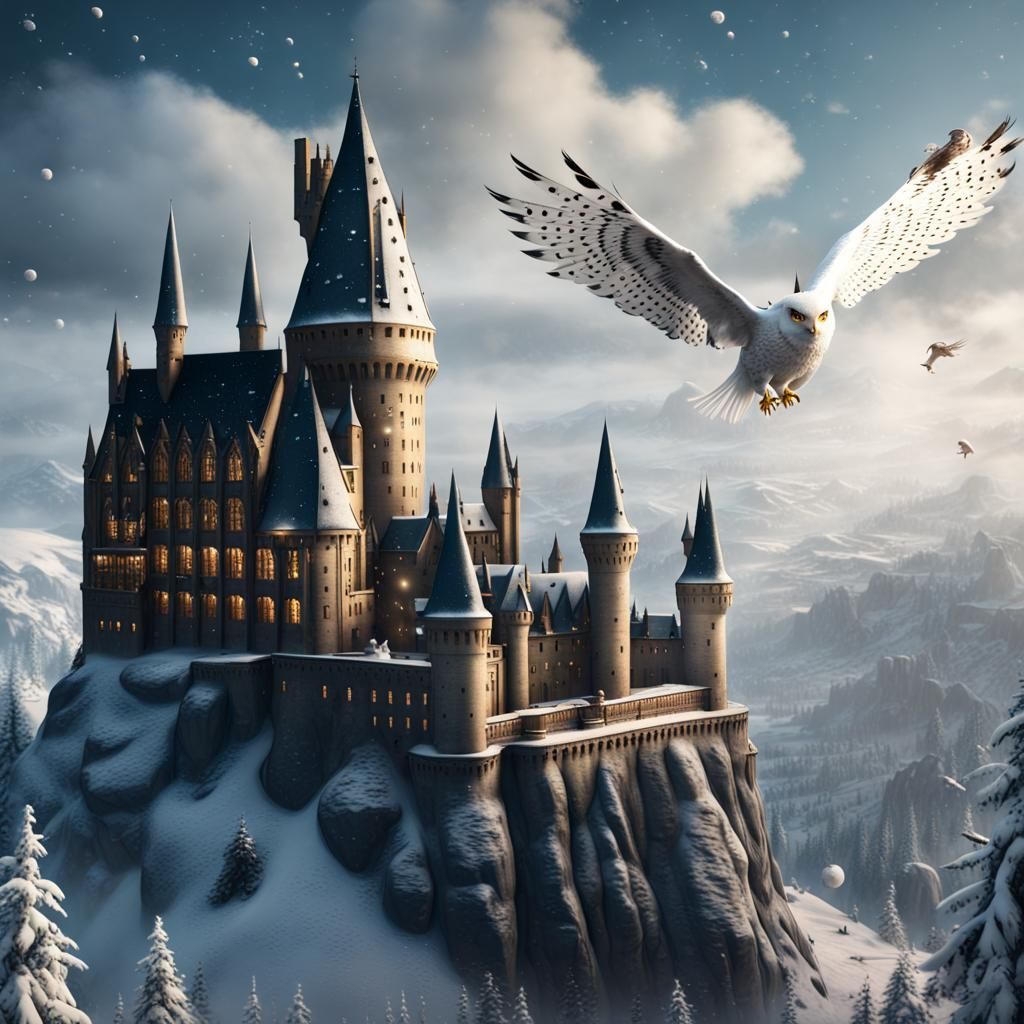 1024x1024 Hedwig flying over hogwarts Flies Over Snowy Hogwar