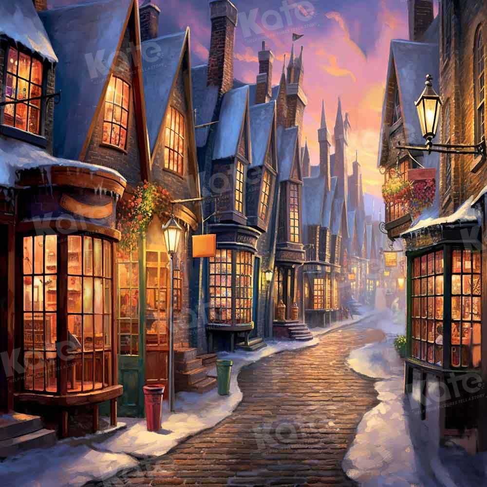 1000x1000 Enchanting Winter Twilight Village Backdrop