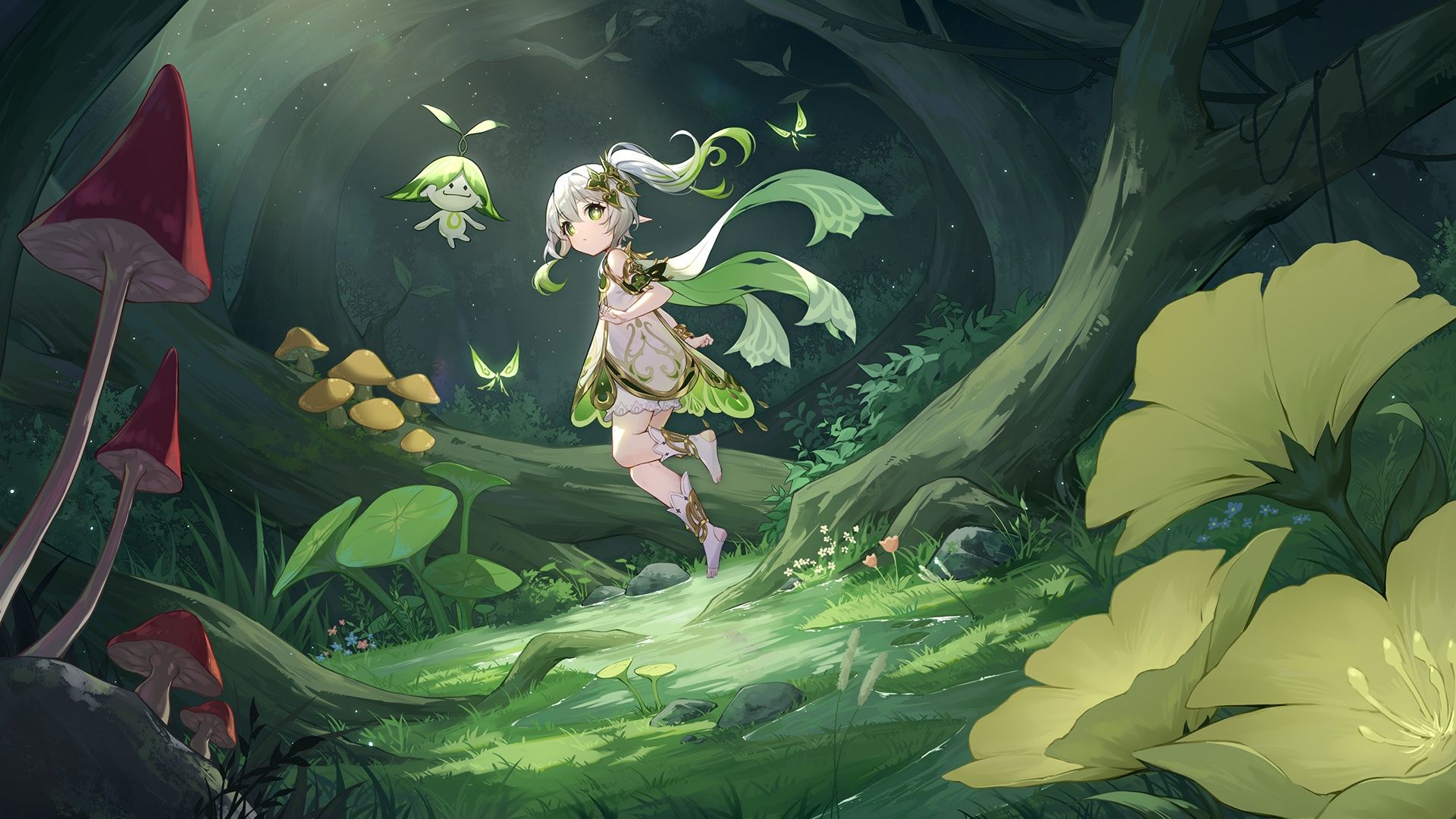 1920x1080 Wallpaper forest, butterfly, fantasy, girl, the spirit of the forest, Genshin Impact, Nahida, Aranara for mobile and desktop, section игры, resolution 1920x1080