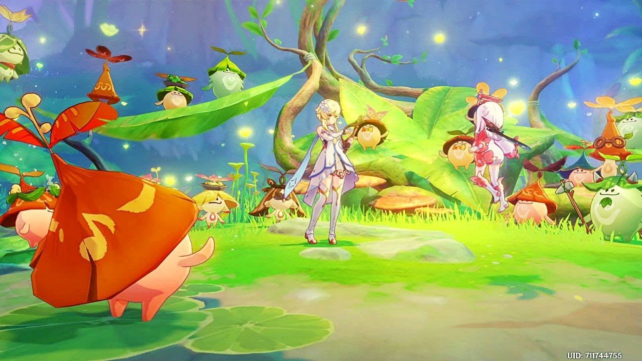 1280x720 Utsava Festival Duet Performance Cutscene. Traveler Plays A Song With All Aranara Genshin Impact