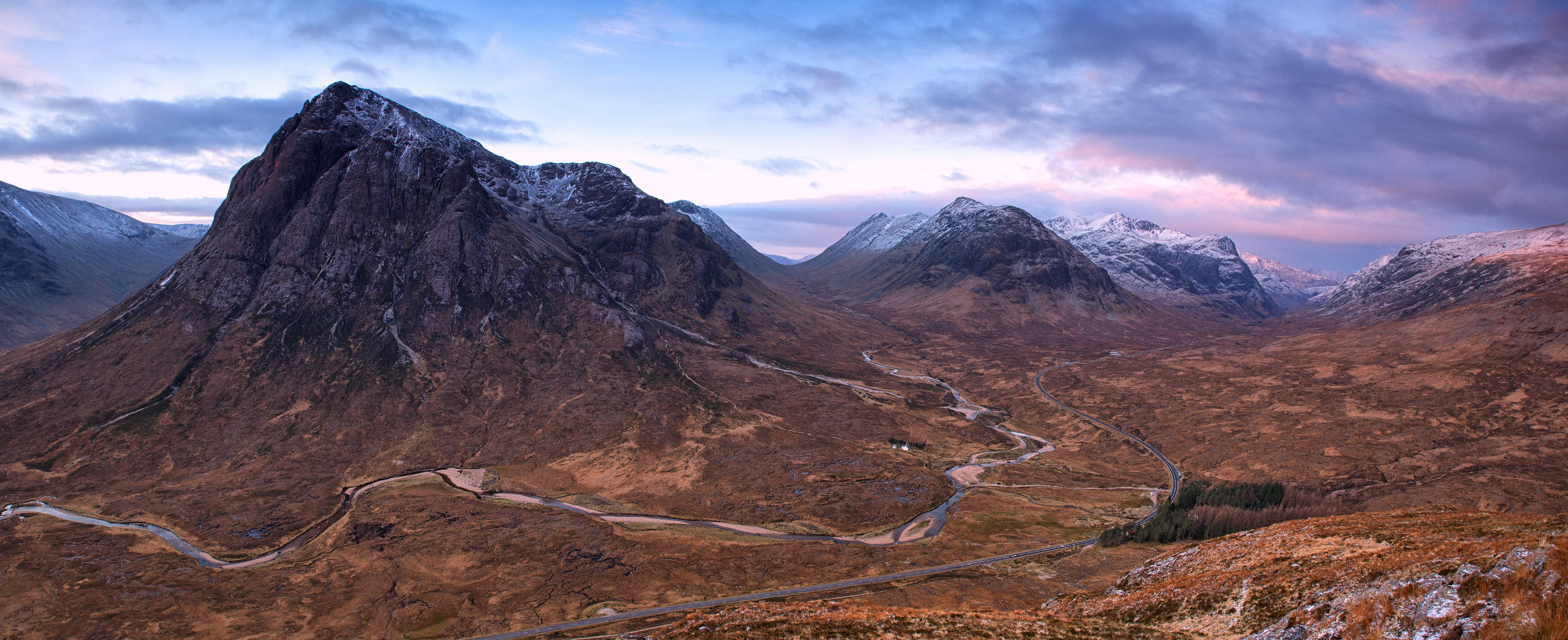 5676x2318 Landscape photo of snowy terrain during golden hour, glencoe, scotland HD wallpaper