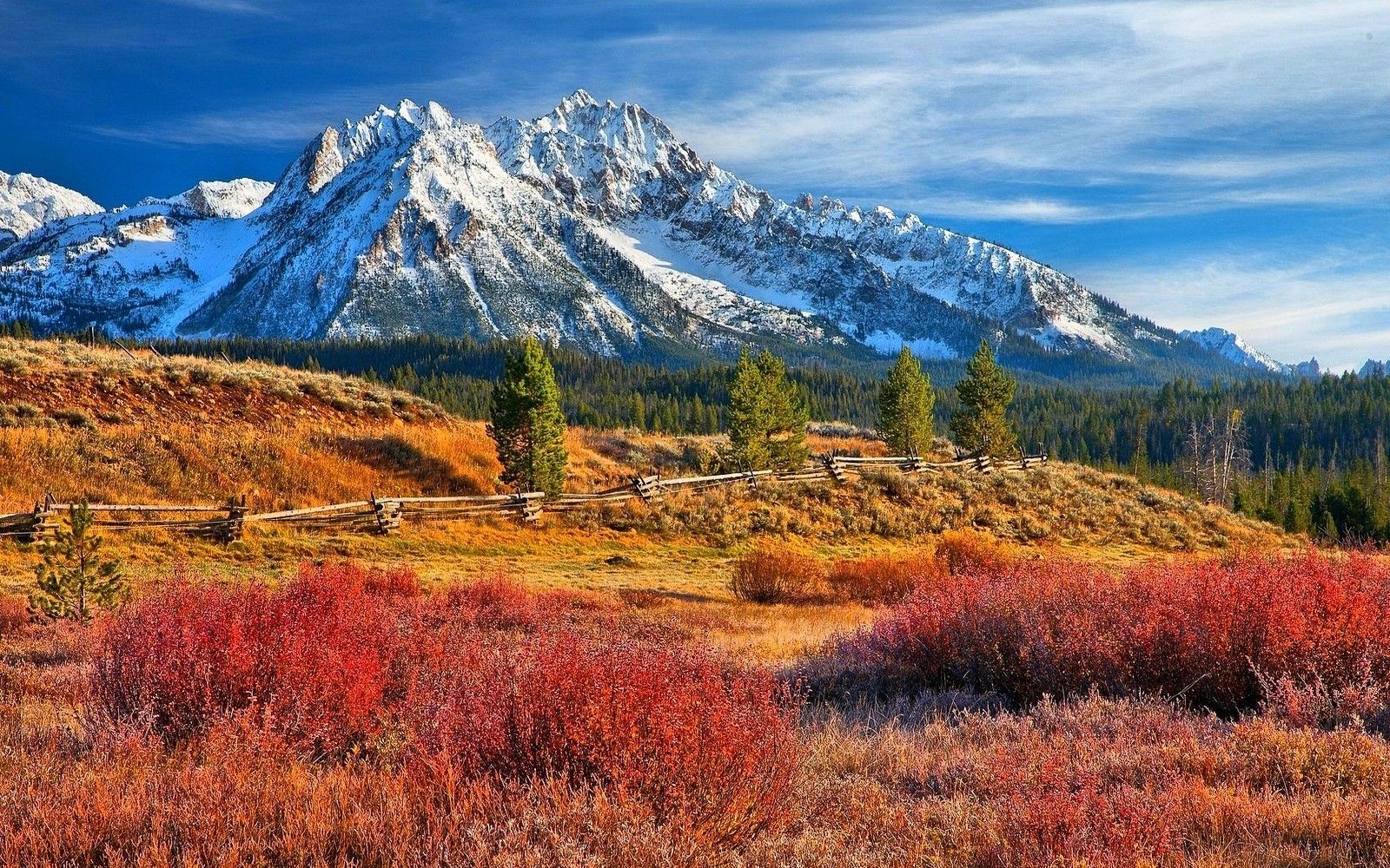 1600x1000 nature, Landscape, Snowy Peak, Forest, Grass, Mountain, Fence, Colorful, Fall, Idaho Wallpaper HD / Desktop and Mobile Background