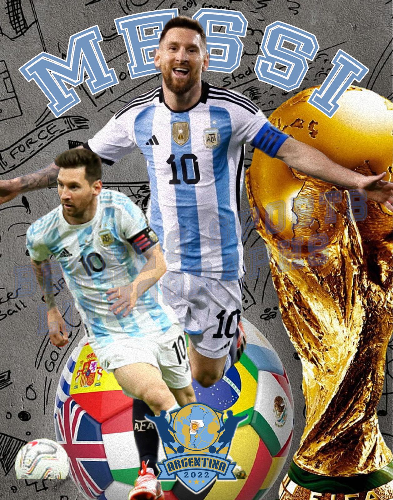 1257x1600 Argentina World Cup Soccer Lithograph print of Lionel Messi 2022 11 x 14
