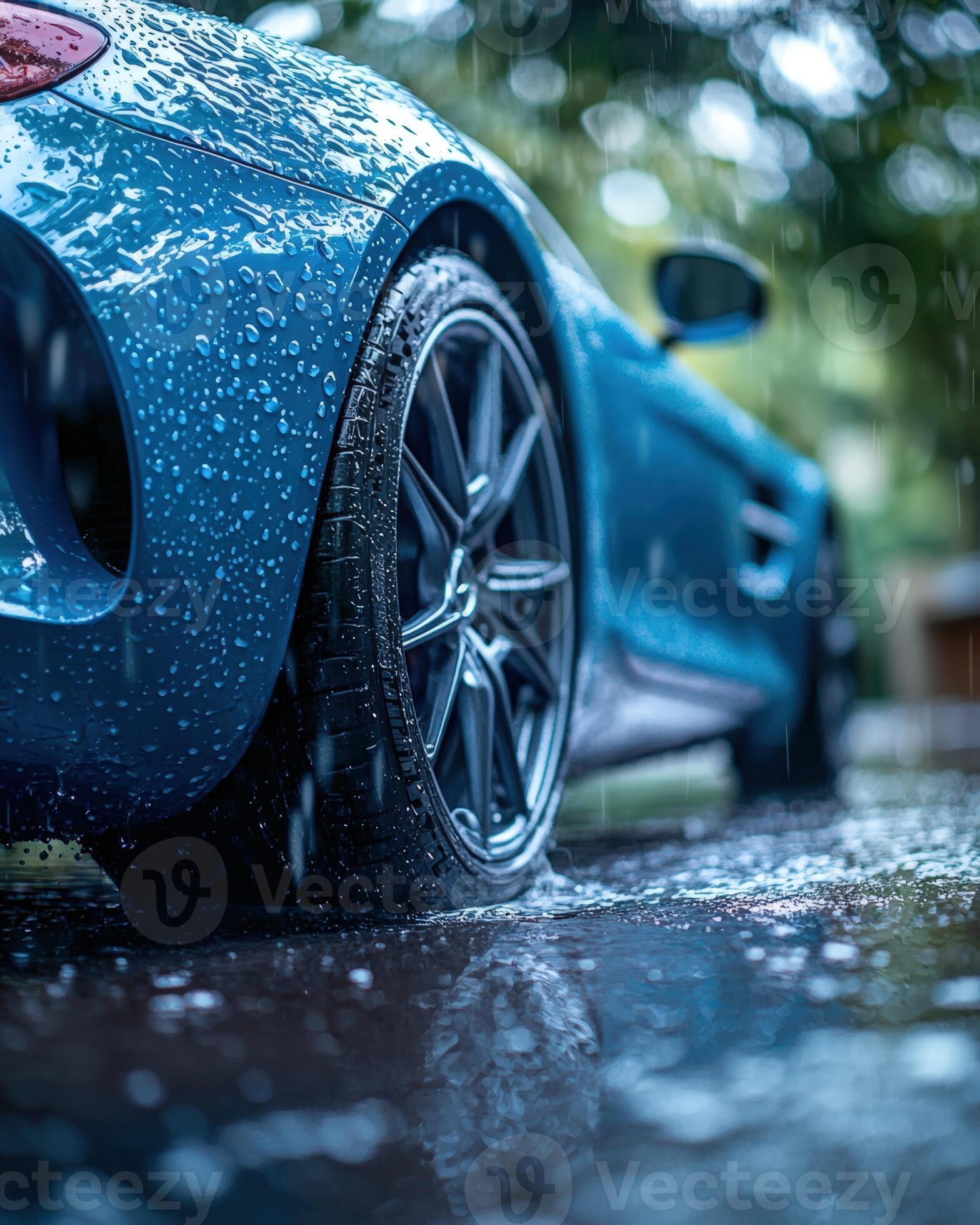 1568x1960 Close Up Of A Blue Sports Car With Water Droplets On Its Surface, Wet Tire On Rain Soaked Ground With Blurred Background