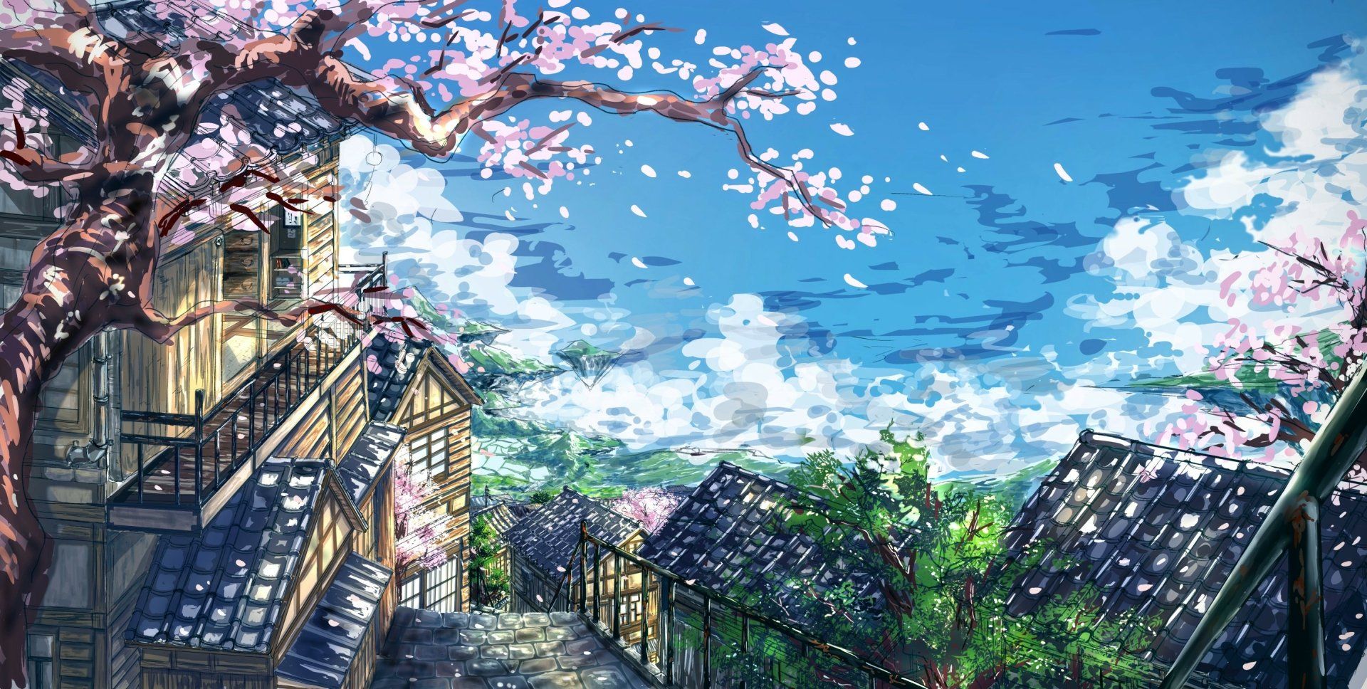 1920x968 Spring Sakura Sky Anime Wallpaper
