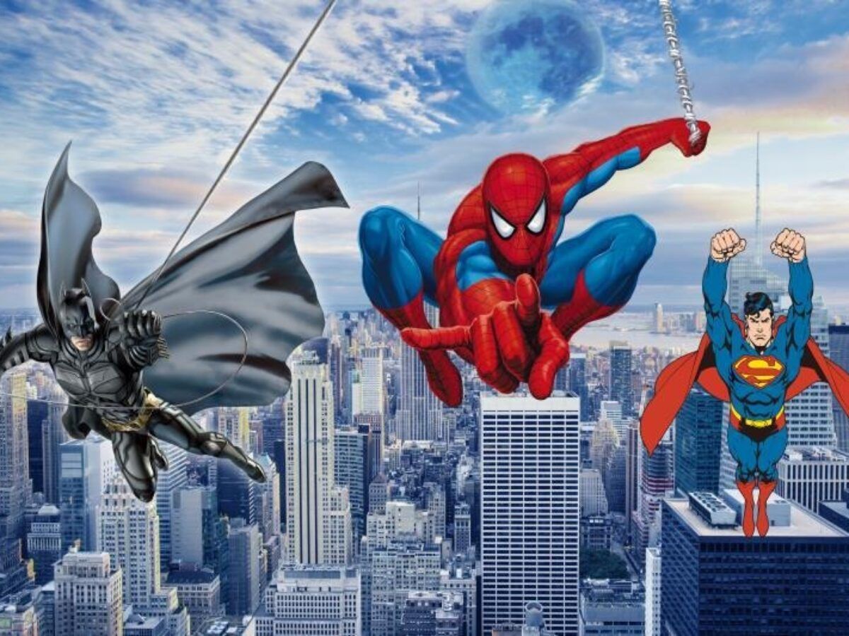 1200x900 Superheros Flying Action Spiderman Batman Wallpaperéco Wallpaper