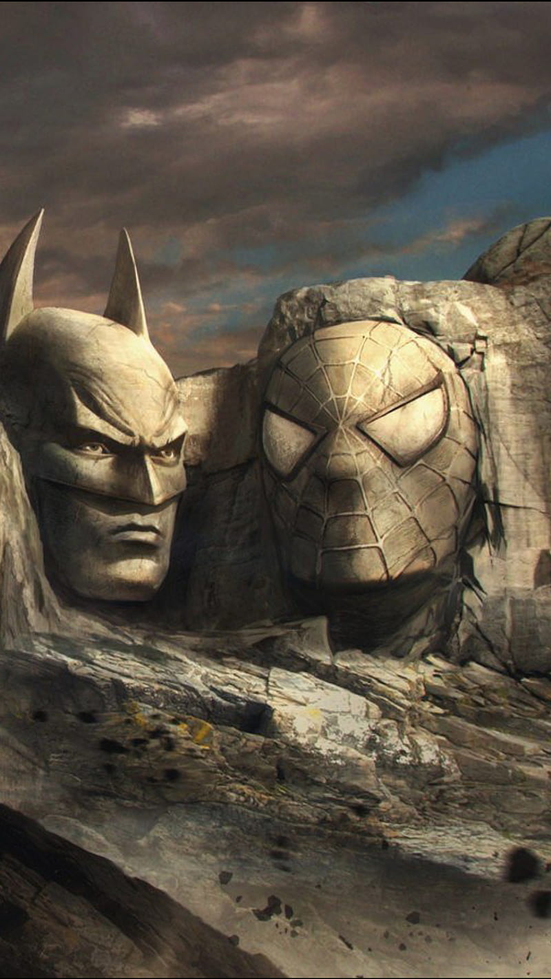 800x1422 Made of rock, batman, face, heroes, rock, spiderman, statue, HD phone wallpaper