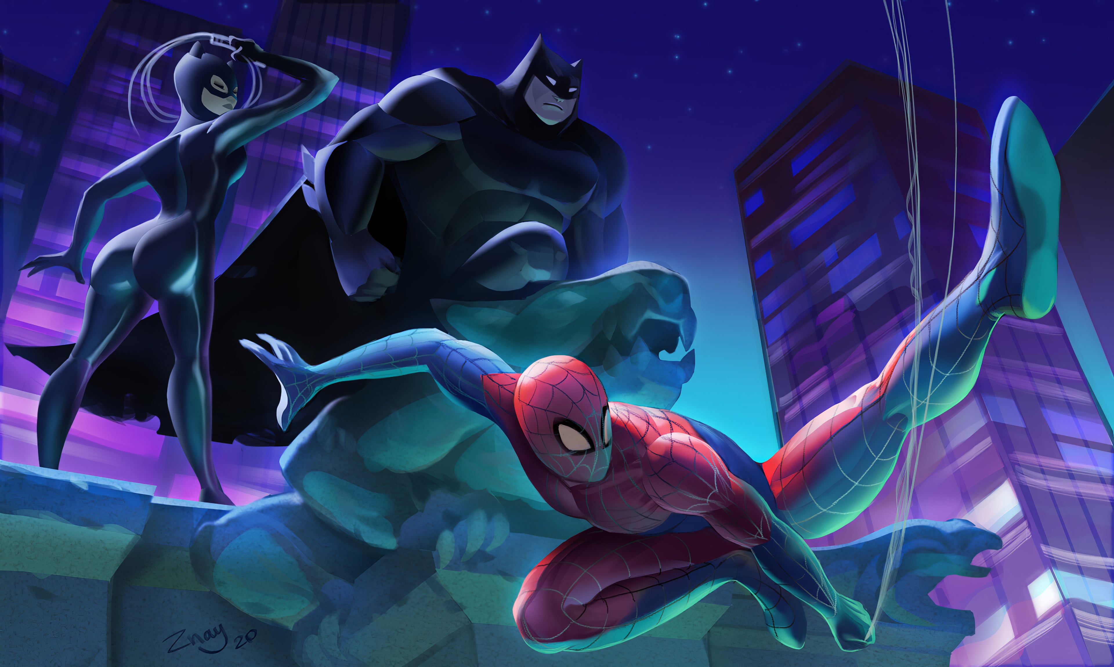 3840x2300 Batman Spiderman and Catwoman Fanart Wallpaper 4K for Desktop