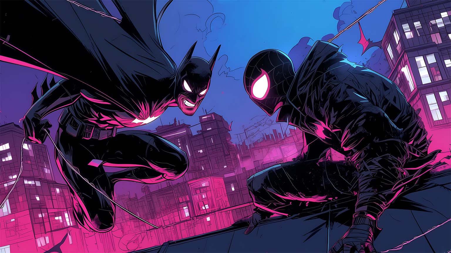 1536x864 Batman Vs Spider Man Neon Night Duel Desktop Wallpaper 4K