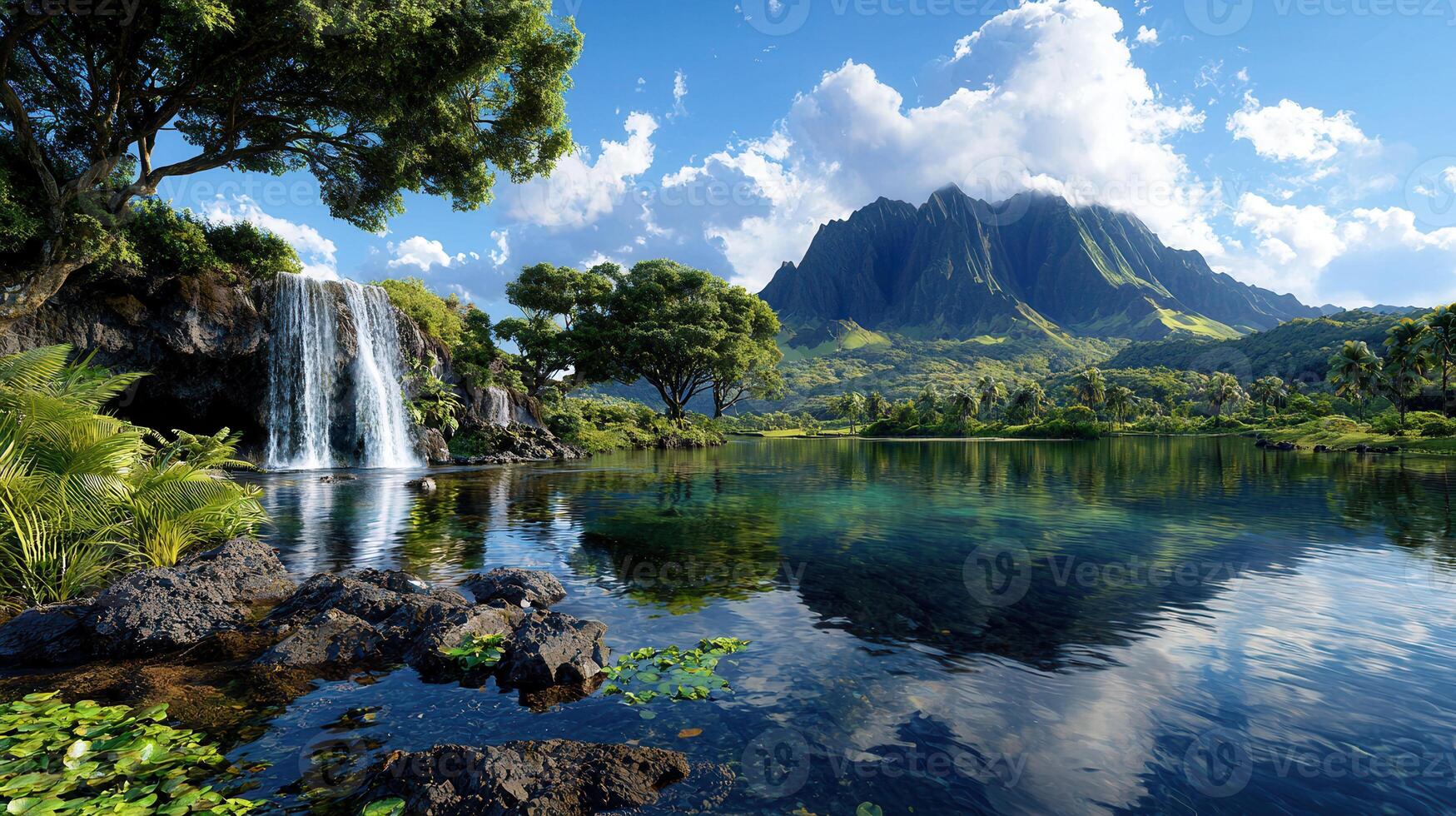 1749x980 Serene Tropical Waterfall Lake and Mountain Landscape Stunning Nature Scene