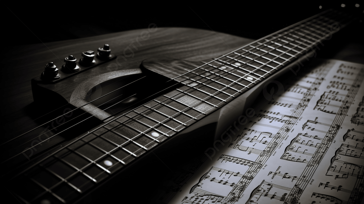 1200x673 Guitar And Music Notes Sitting On A Sheet Of Music Photo And Picture For Free Download
