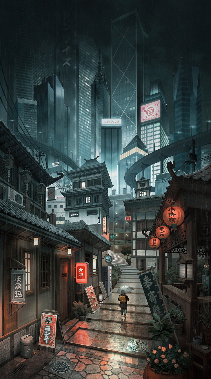 728x1304 HD wallpaper: Alleyway, artwork, city, Cityscape, digital art, Japan, Skyscraper