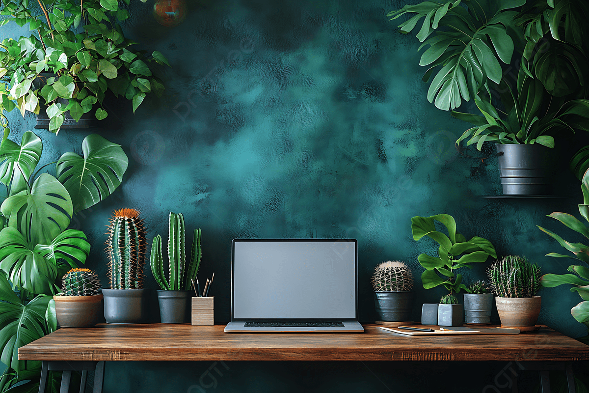 1200x800 Stylish Home Office With Wooden Desk Laptop And Indoor Plants Against Vibrant Teal Wall, Home Office, Wooden Desk, Indoor Plants Background Image And Wallpaper for Free Download
