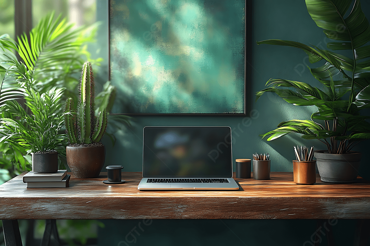 1200x800 Cozy Workspace With Laptop And Art Surrounded By Green Plants, Cozy Workspace, Laptop Desk, Indoor Plants Background Image And Wallpaper for Free Download