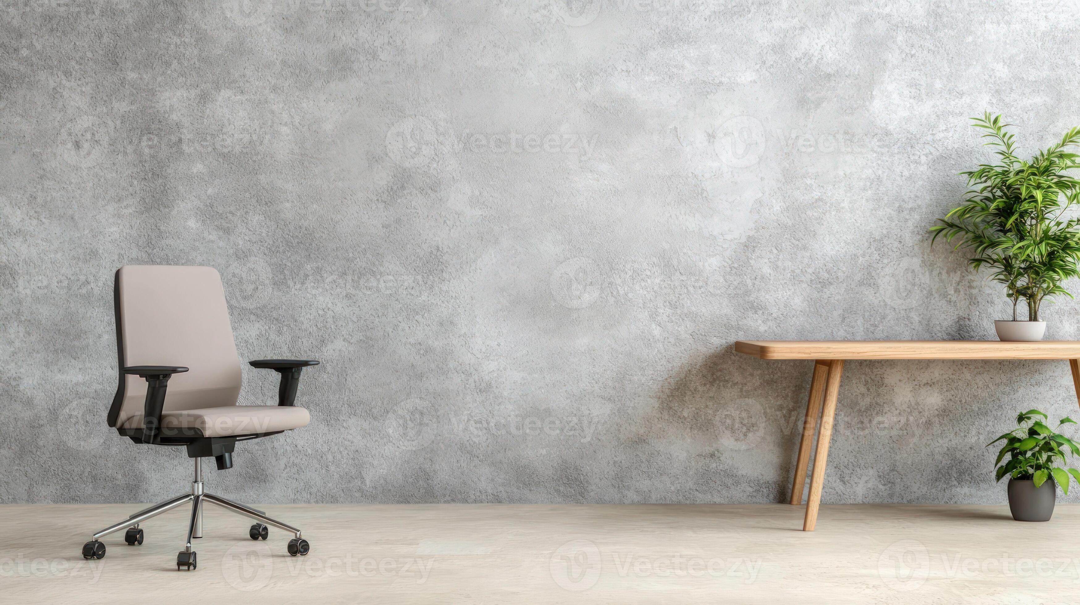 3497x1960 Office chair and desk against concrete wall interior background with plants