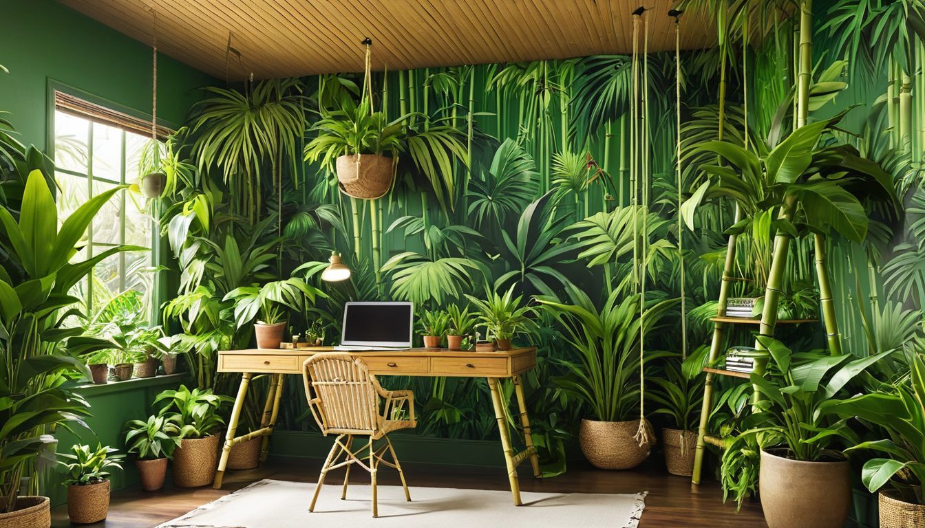 1344x768 Jungle Themed Office With Lush, Green Wallpaper, A Bamboo Desk, A Swing Chair Hanging From The Ceiling, And Several Large Potted Tropical Plants Diffusion Prompts 1448566556