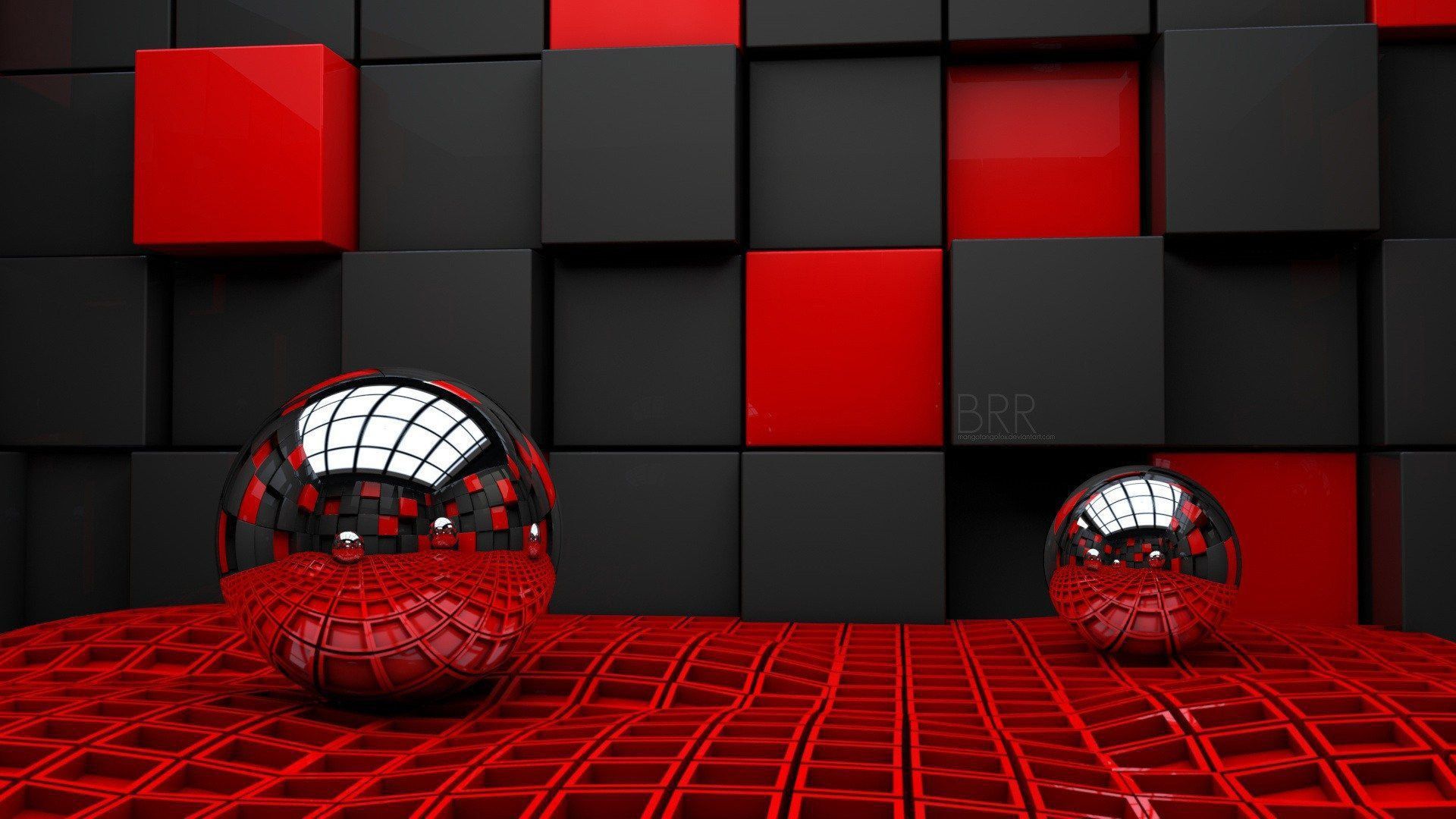 1920x1080 Red Black Square Boxes Silver Balls HD Abstract Wallpaper