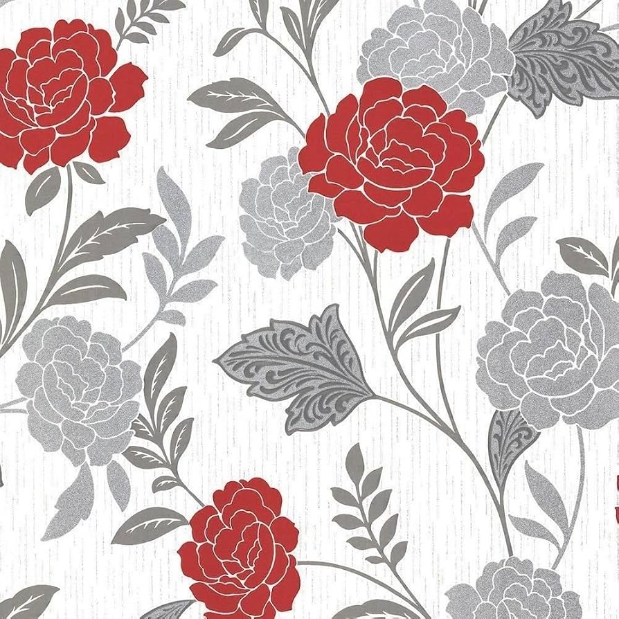 894x894 Red White Silver Flower Floral Wallpaper Textured Vinyl Glitter Carla YöL : Amazon.co.uk: DIY & Tools
