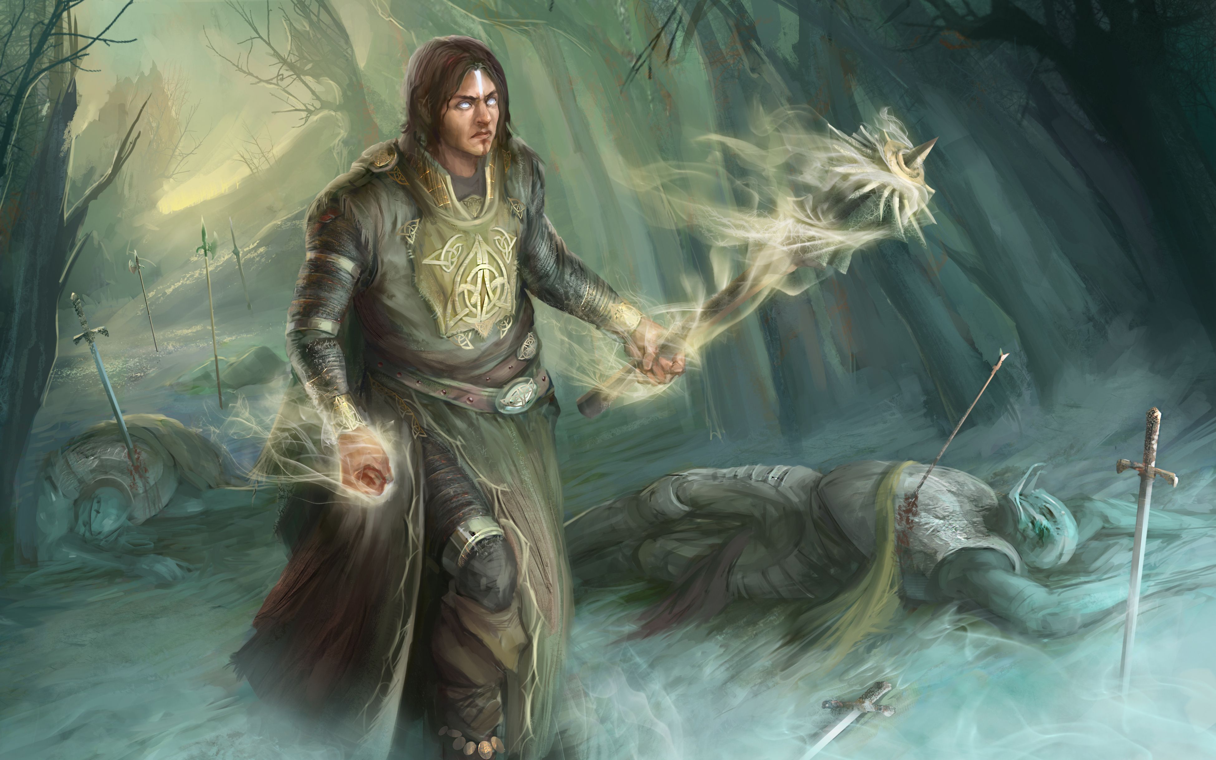 3900x2438 Desktop wallpaper: Fantasy, Sorcerer, Battle, Magician, Sword, Weapon 4K free download for PC. 540440