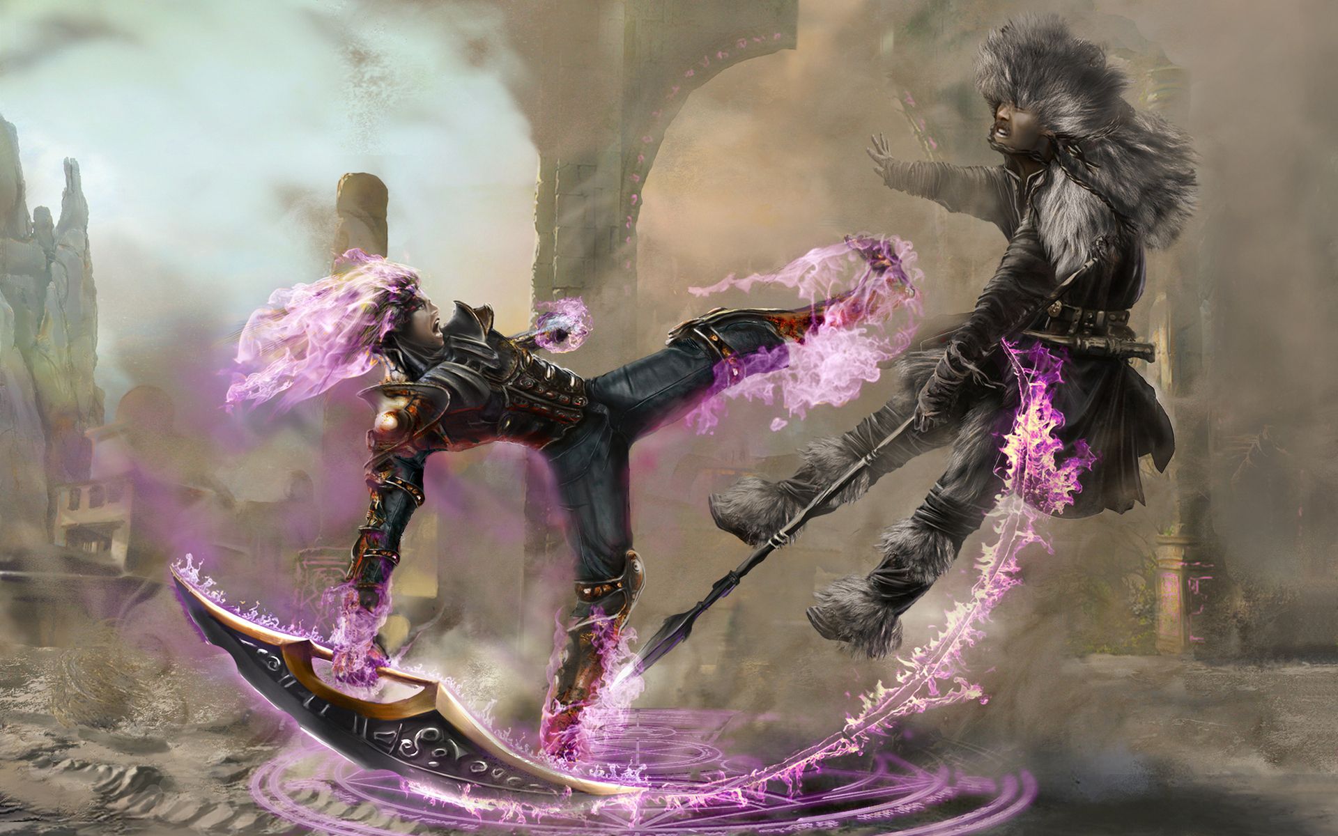 1920x1200 Desktop wallpaper: Fantasy, Battle, Fire, Flame, Knight, Sword, Warrior, Weapon 4K free download for PC. 549667