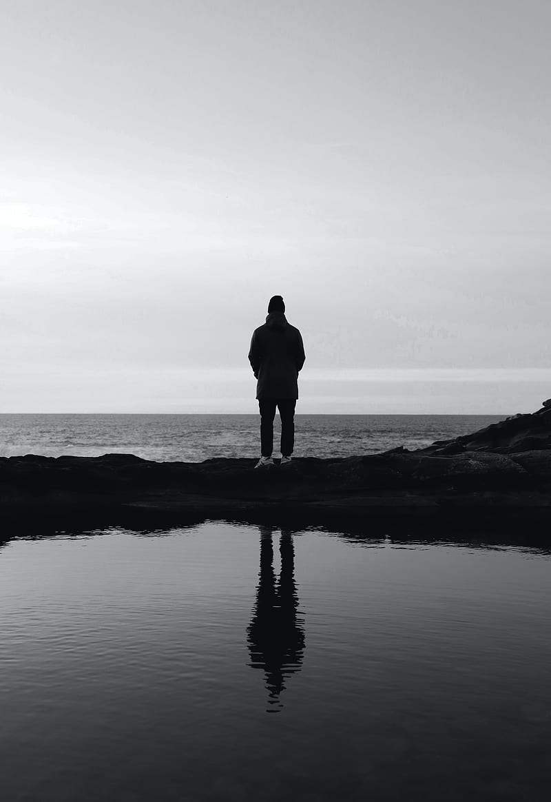 800x1164 Man, silhouette, alone, water, black and white, bw, HD phone wallpaper
