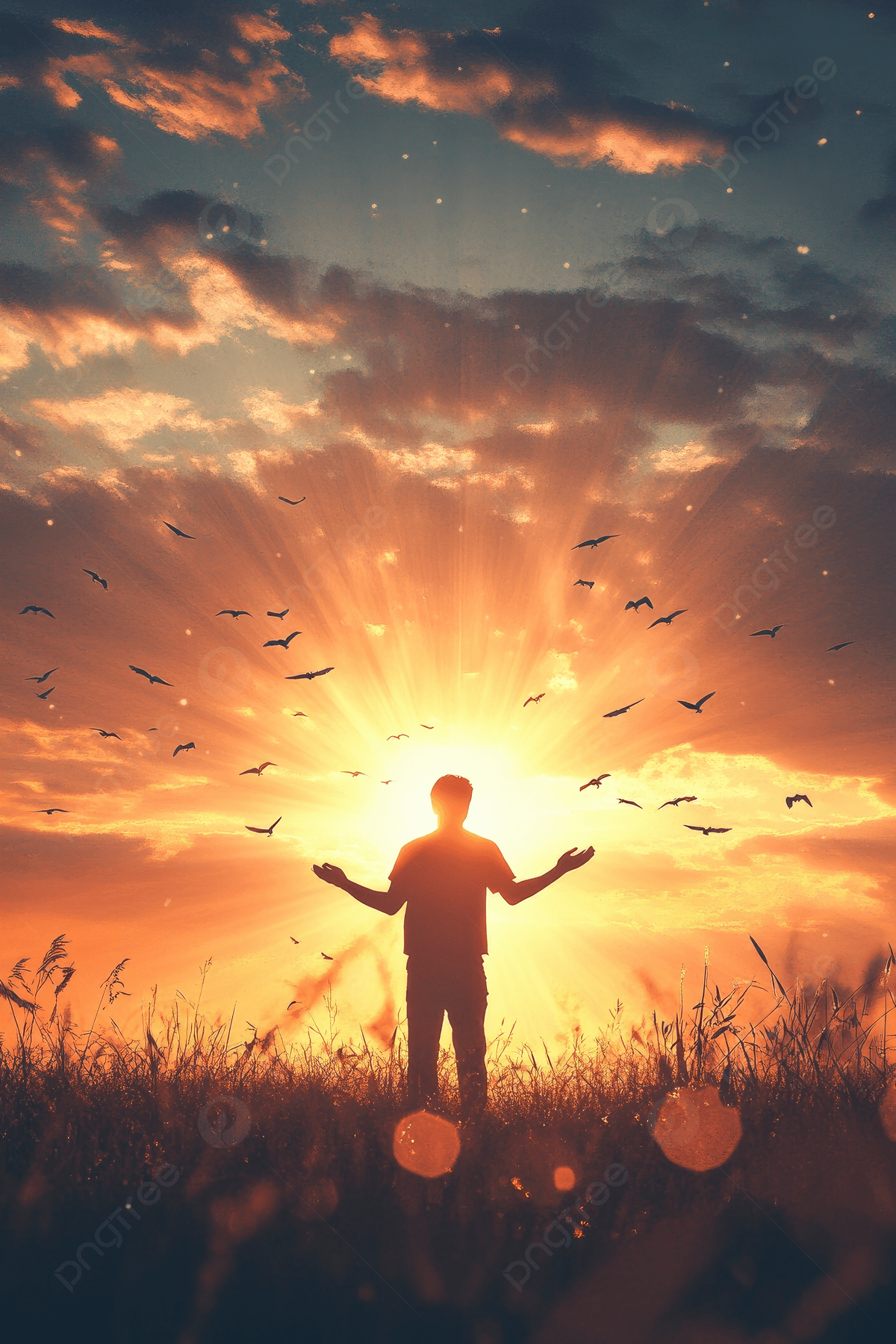 1200x1800 A Silhouette Of An Adult Man Standing In The Distance Holding His Hands Out To Catch Sunlight Falling On Him From Above Against Backdrop Beautiful Sky And Tall Grass Background Wallpaper Image