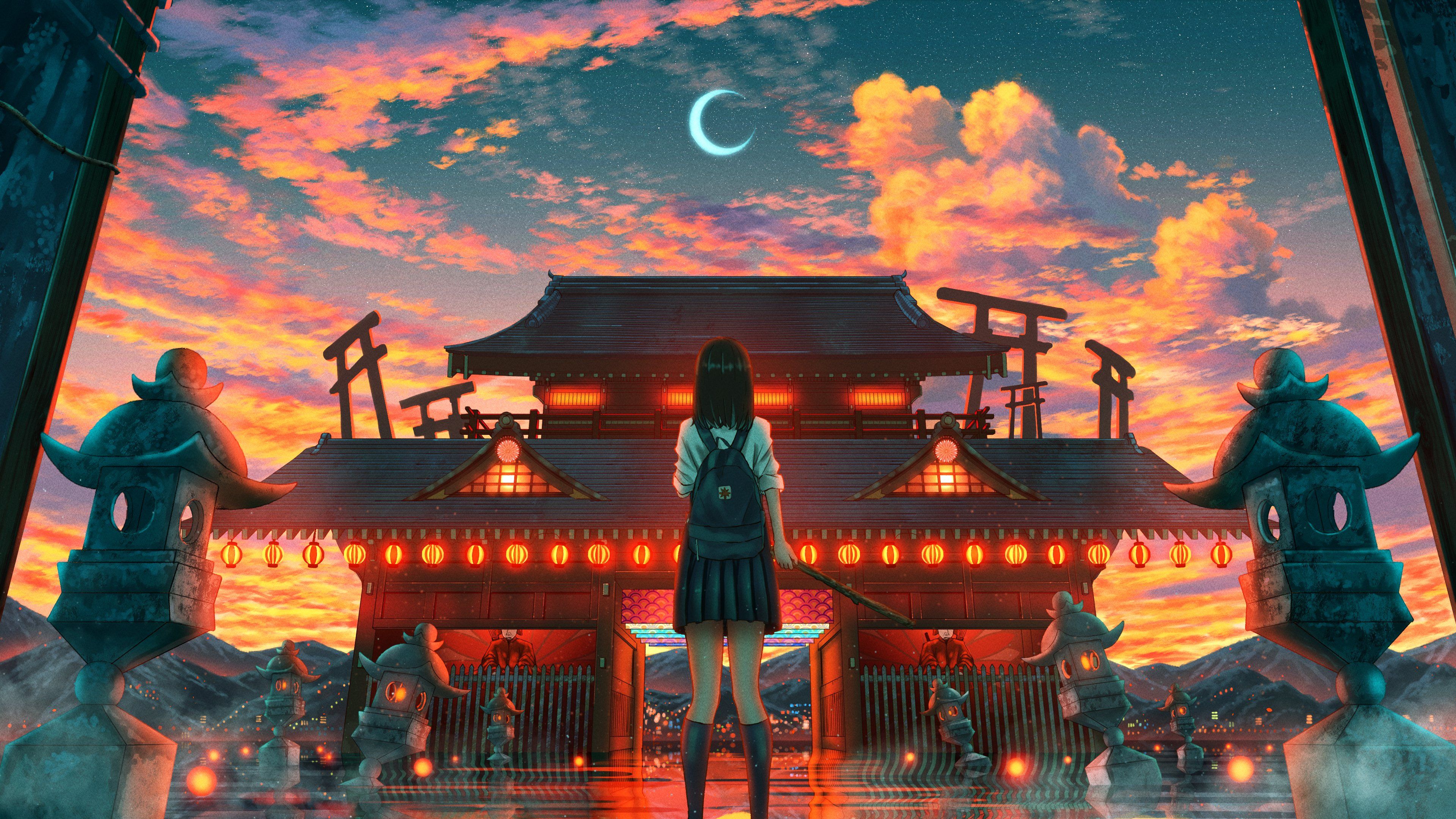 3840x2160 Ancient architecture Wallpaper 4K, Japanese girl, Crescent Moon