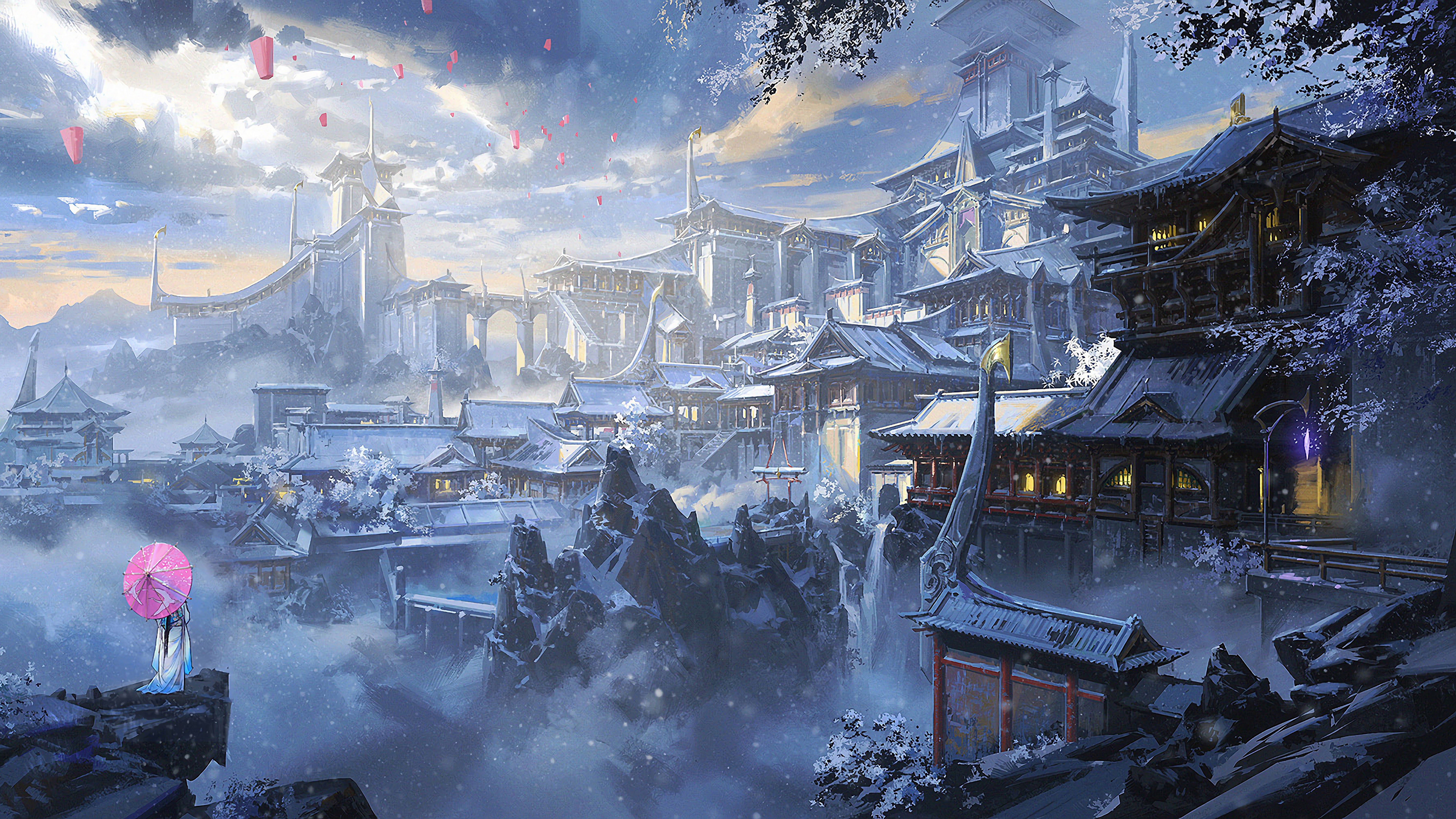 7680x4320 Japanese Castle Fantasy Art 4K Wallpaper HD