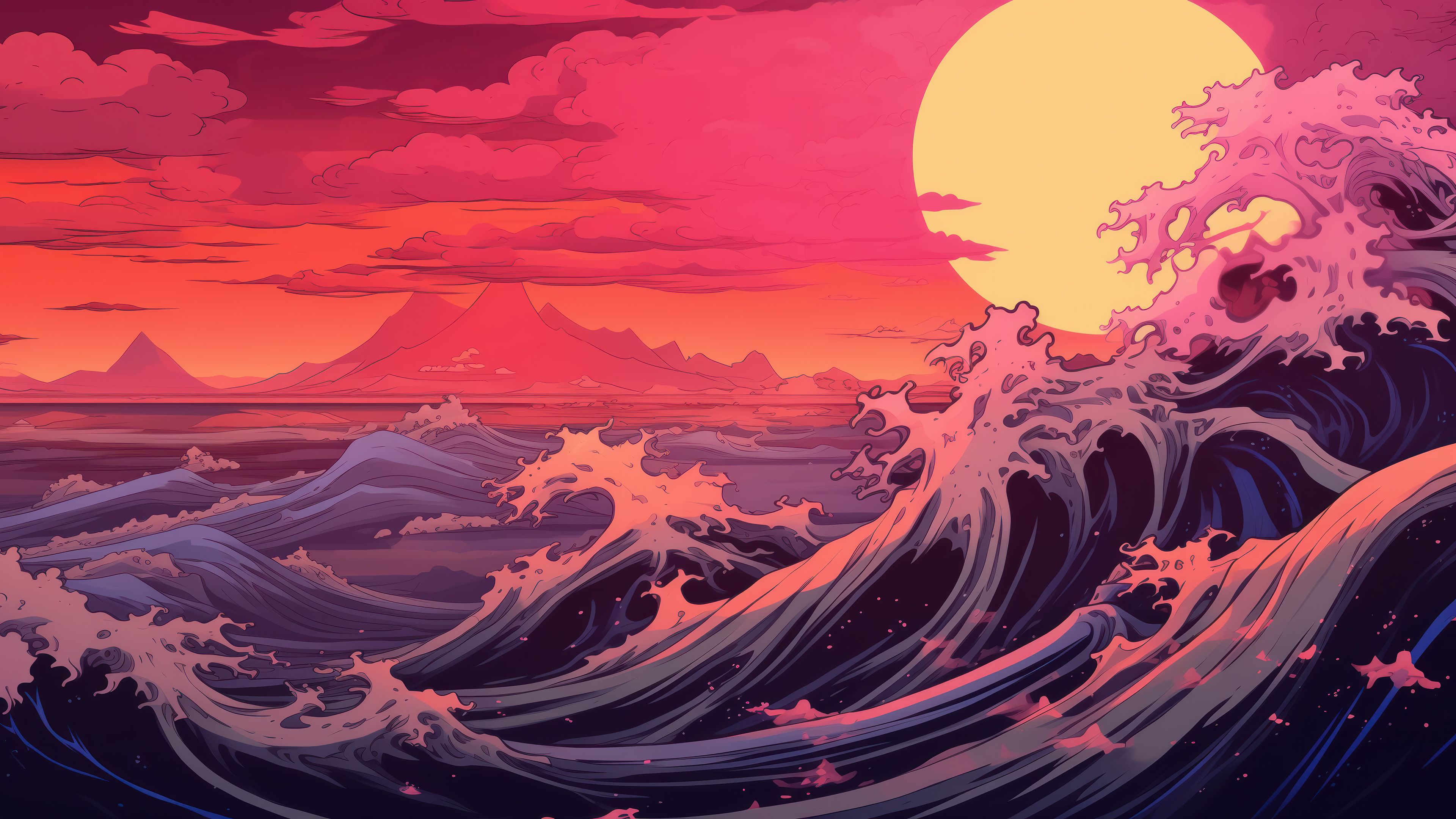 3840x2160 Ocean Wave Sunset Japanese Art Wallpaper 4K HD PC m