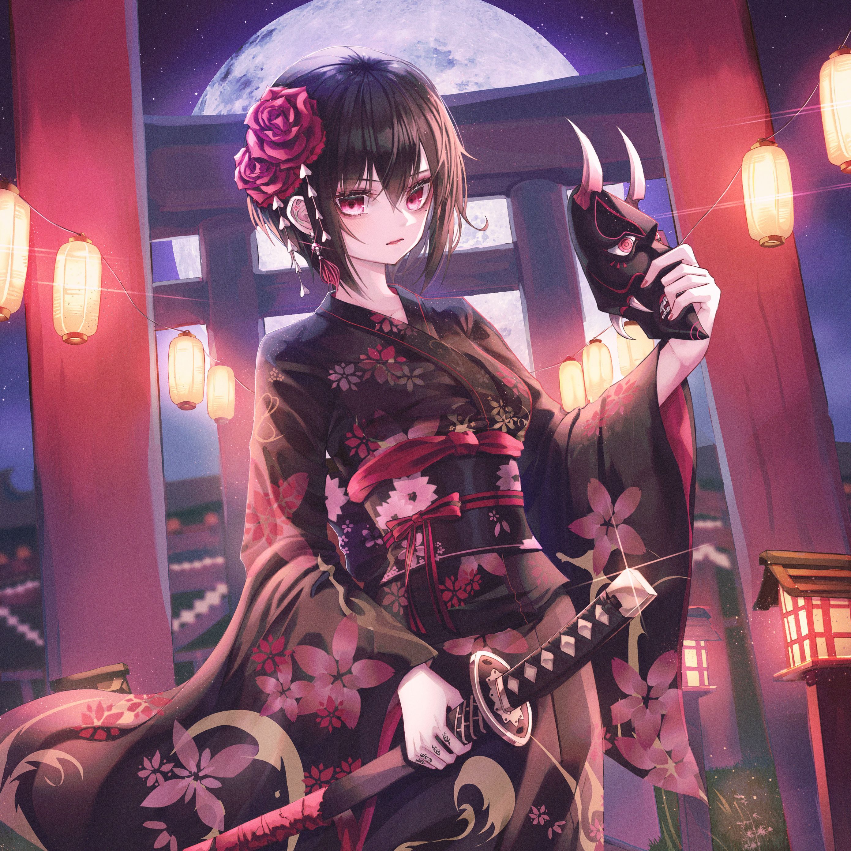 2780x2780 Download wallpaper 2780x2780 girl, kimono, katana, mask, anime, japan ipad air, ipad air ipad ipad ipad mini ipad mini ipad mini ipad pro 9.7 for parallax HD background