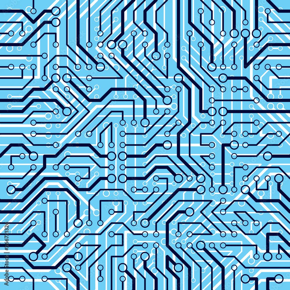 1000x1000 Circuit board seamless pattern, vector background. Microchip technology electronics wallpaper repeat design. Stock Vector