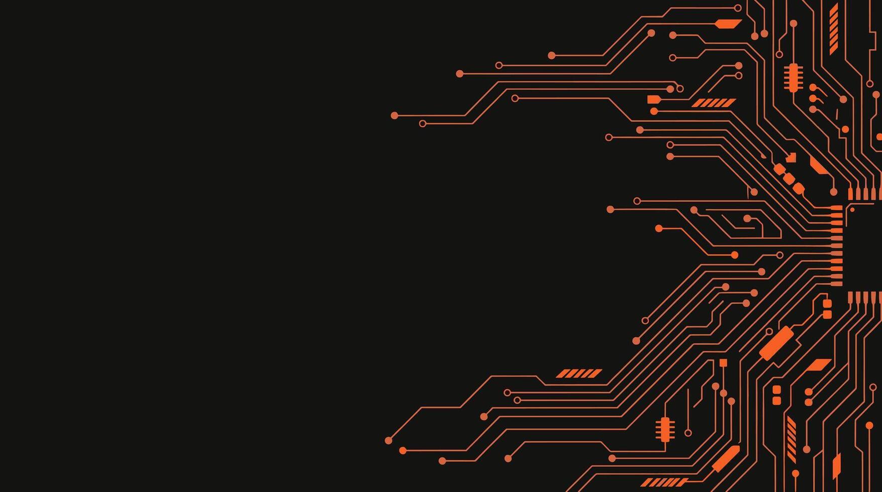 1755x980 Futuristic orange circuit board pattern on black background high tech illustration