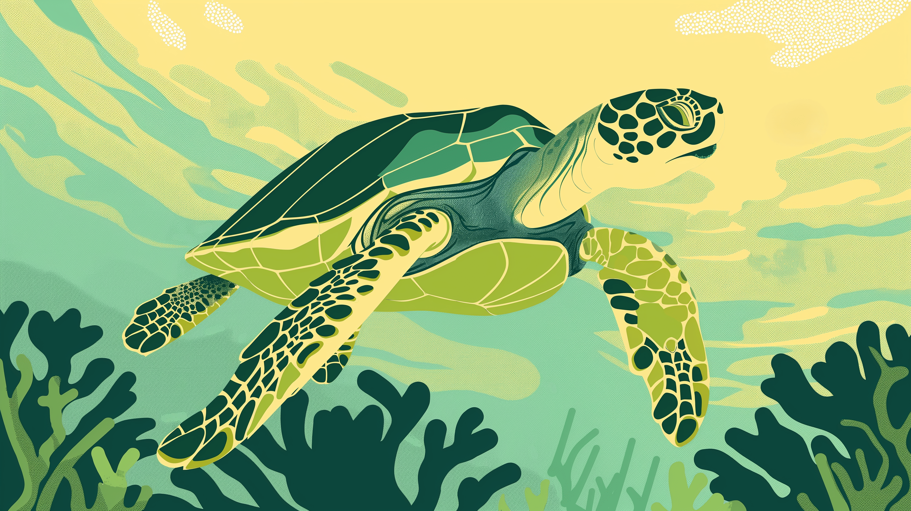 2912x1632 Turtle Mural Wallpaper. Swimming In The Green Toned Ocean