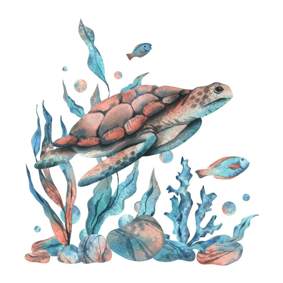 980x980 Illustration of a turtles play skateboarding underwater background