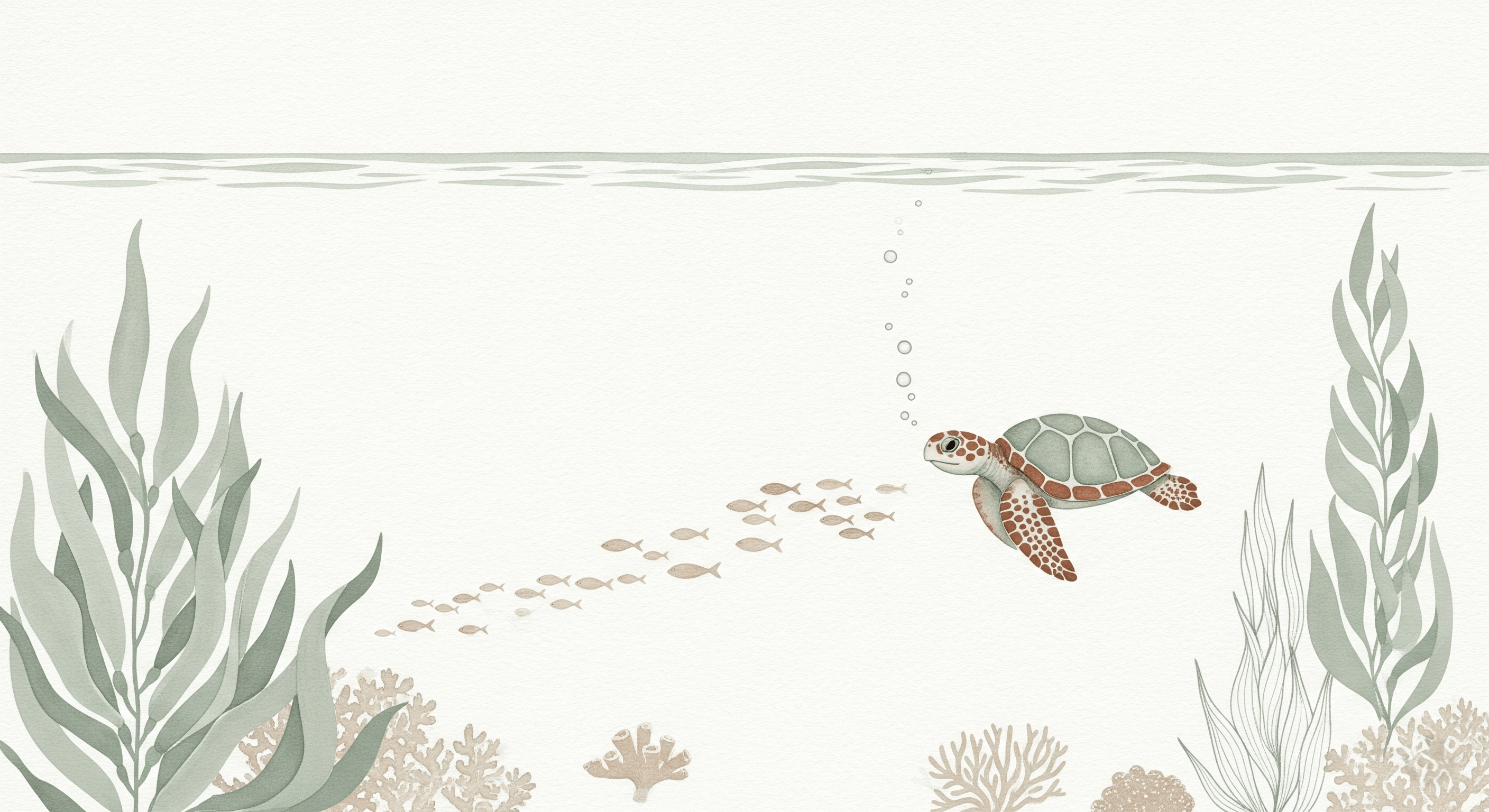 2816x1536 Nursery room wallpaper. Turtle and underwater corals