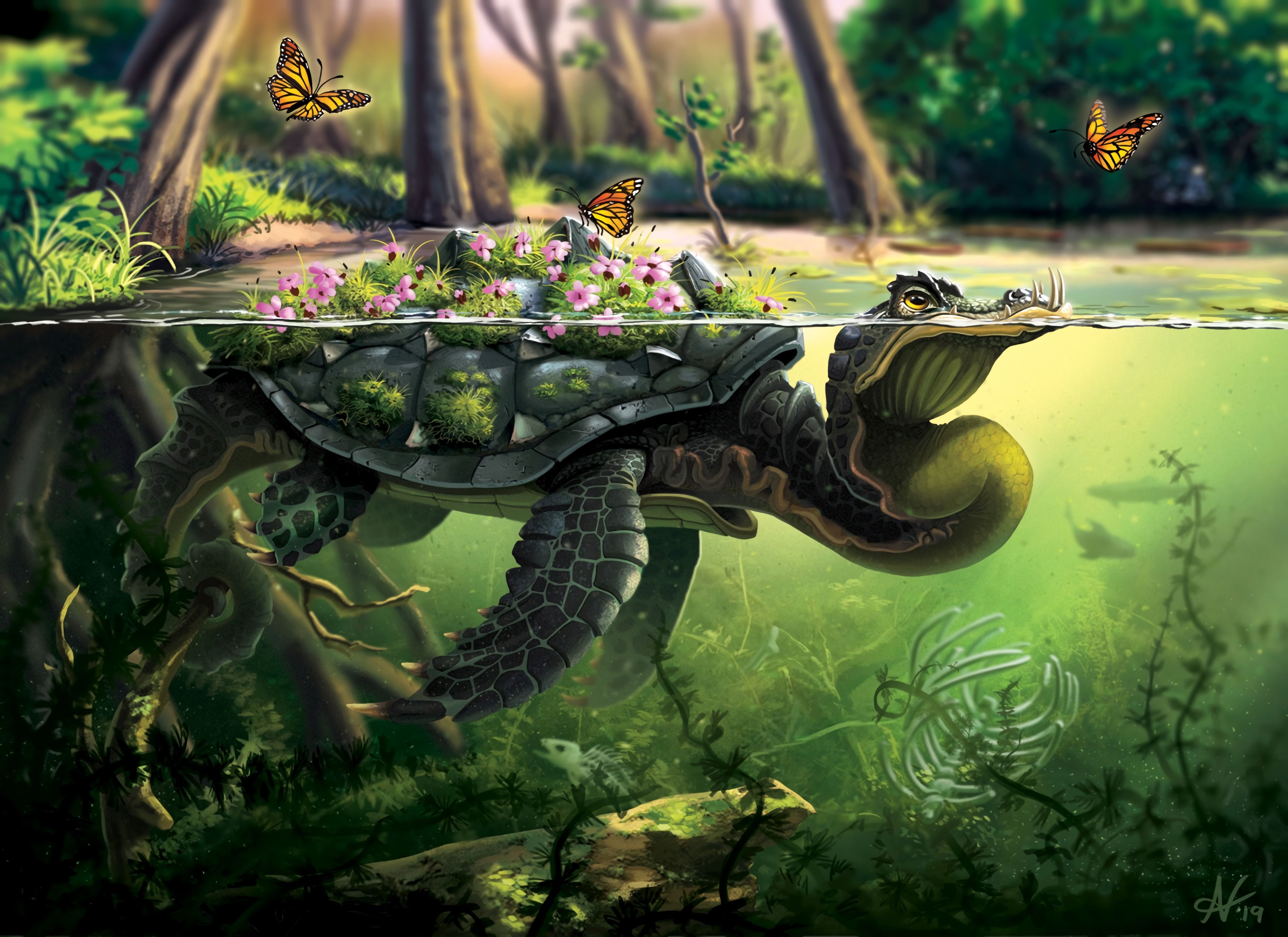 4400x3200 Phone wallpaper: Turtle, Art, Butterflies, Water 65359