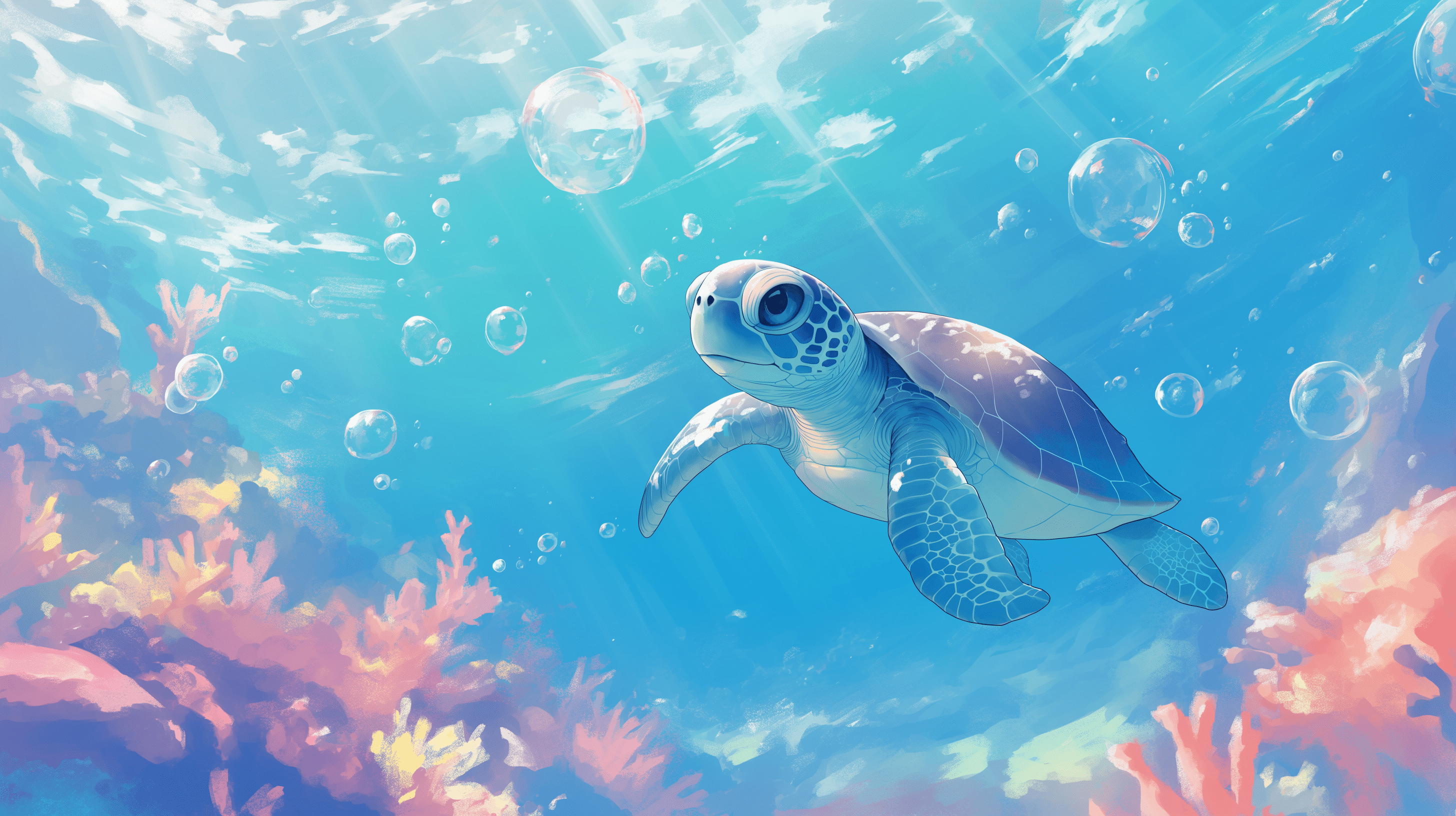 2912x1632 Turtle Wallpaper. Bubbles and Underwater Background