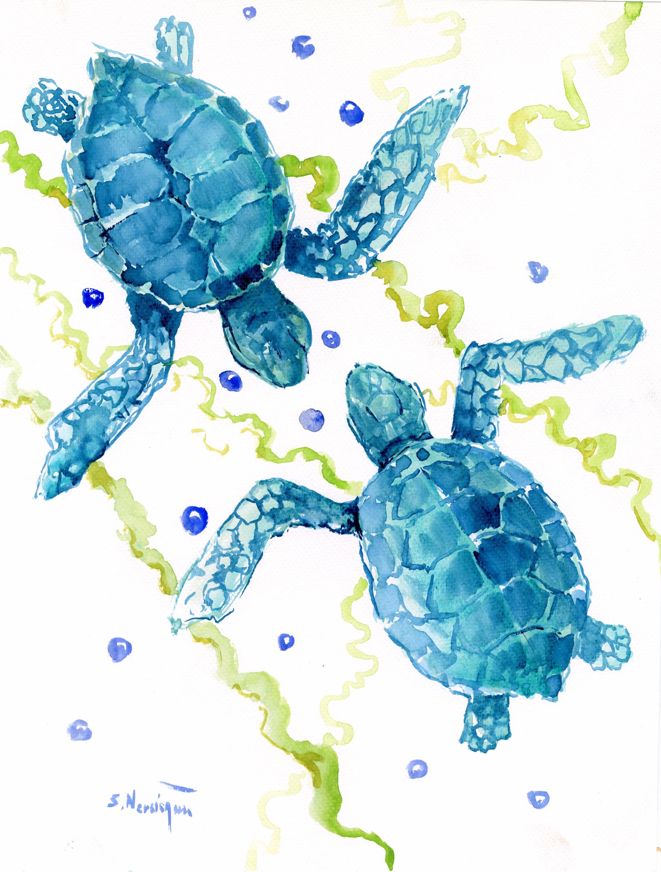 2276x3000 Sea Turtle Artwork, Original Watercolor Hand Painted Wall Art, Aqua Blue Underwater Scene