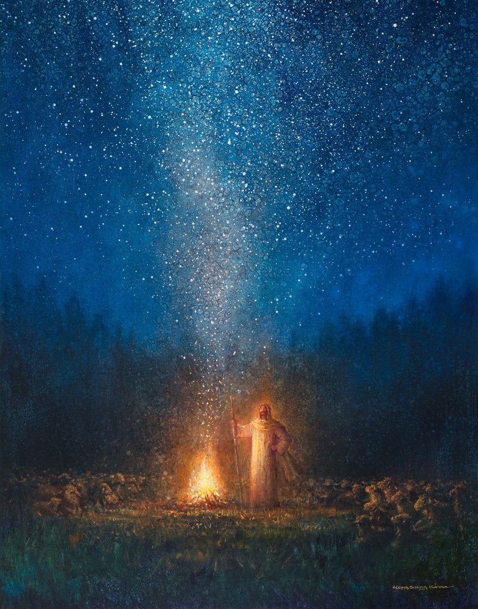943x1200 He Will Protect Us by Yongsung Kim He Will Protect Us by Yongsung Kim. Jesus Christ standing next to a bright fire at night surrounded by sheep and stars