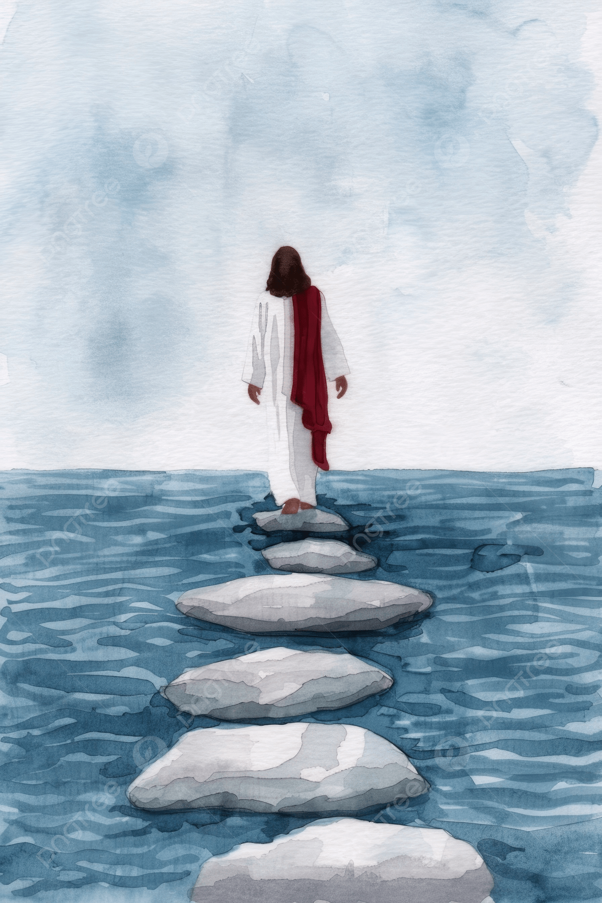 1200x1800 Watercolor Of Jesus Walking On Water With His Disciples Kneeling In Front Background Wallpaper Image For Free Download