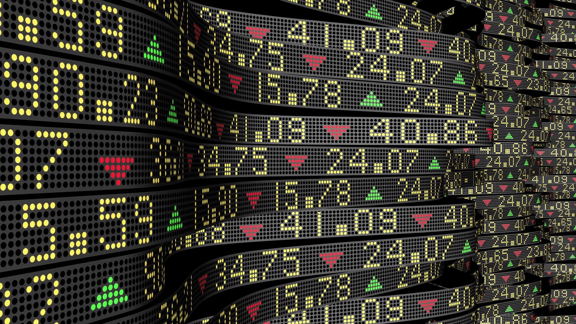 1920x1080 Wall Street stock market tickers sliding on circular trading boards. 4K animation for economic and business background