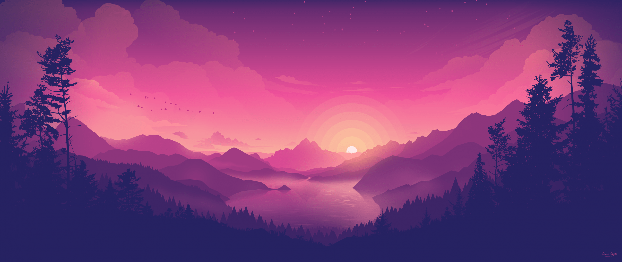 2560x1080 Lakeside Wallpaper 4K, Aesthetic, Pink sky, Sunset