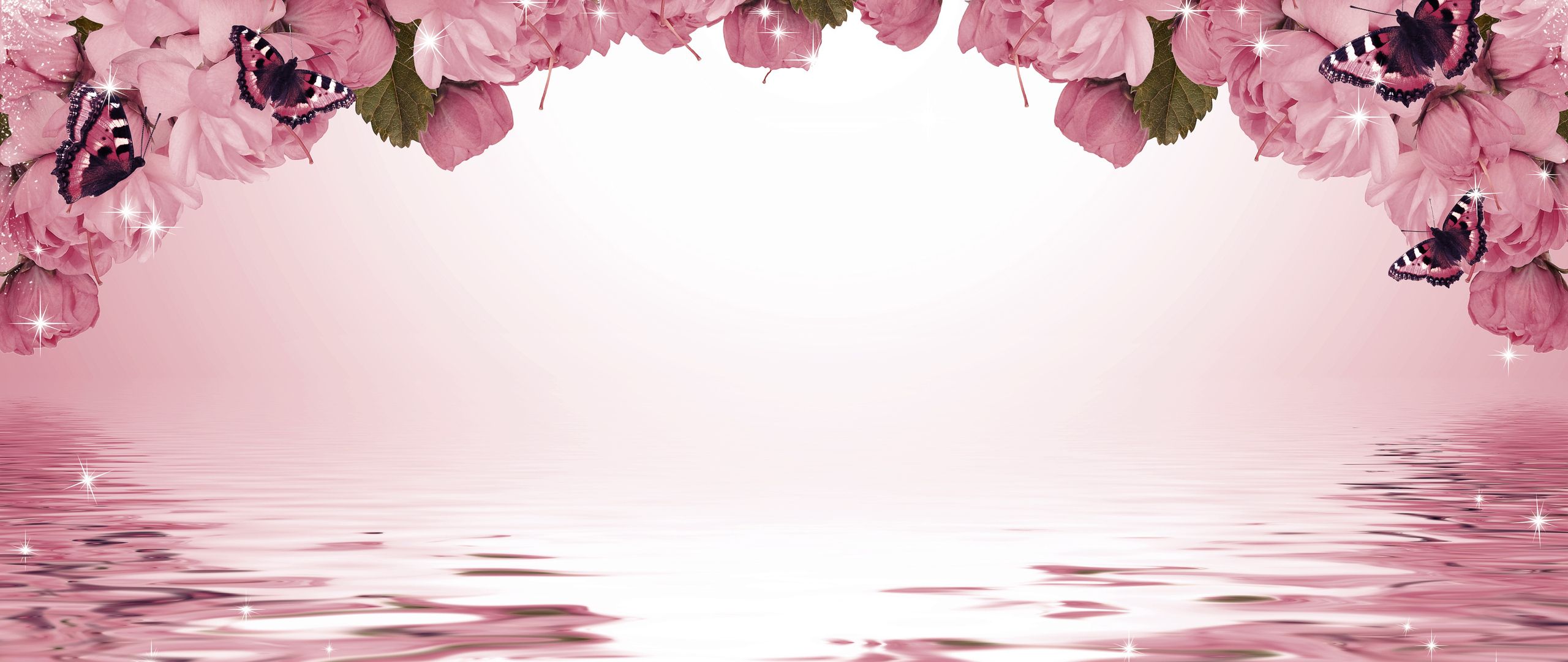2560x1080 Download Sakura, Background, Butterflies, Sparks, Flowers, Texture Wallpaper in 2560x1080 Resolution