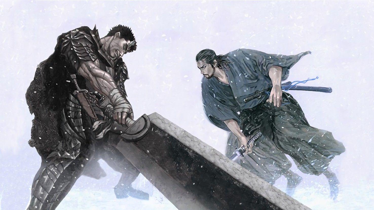 1476x830 musashi, Vagabond, Berserk, Guts Wallpaper HD / Desktop
